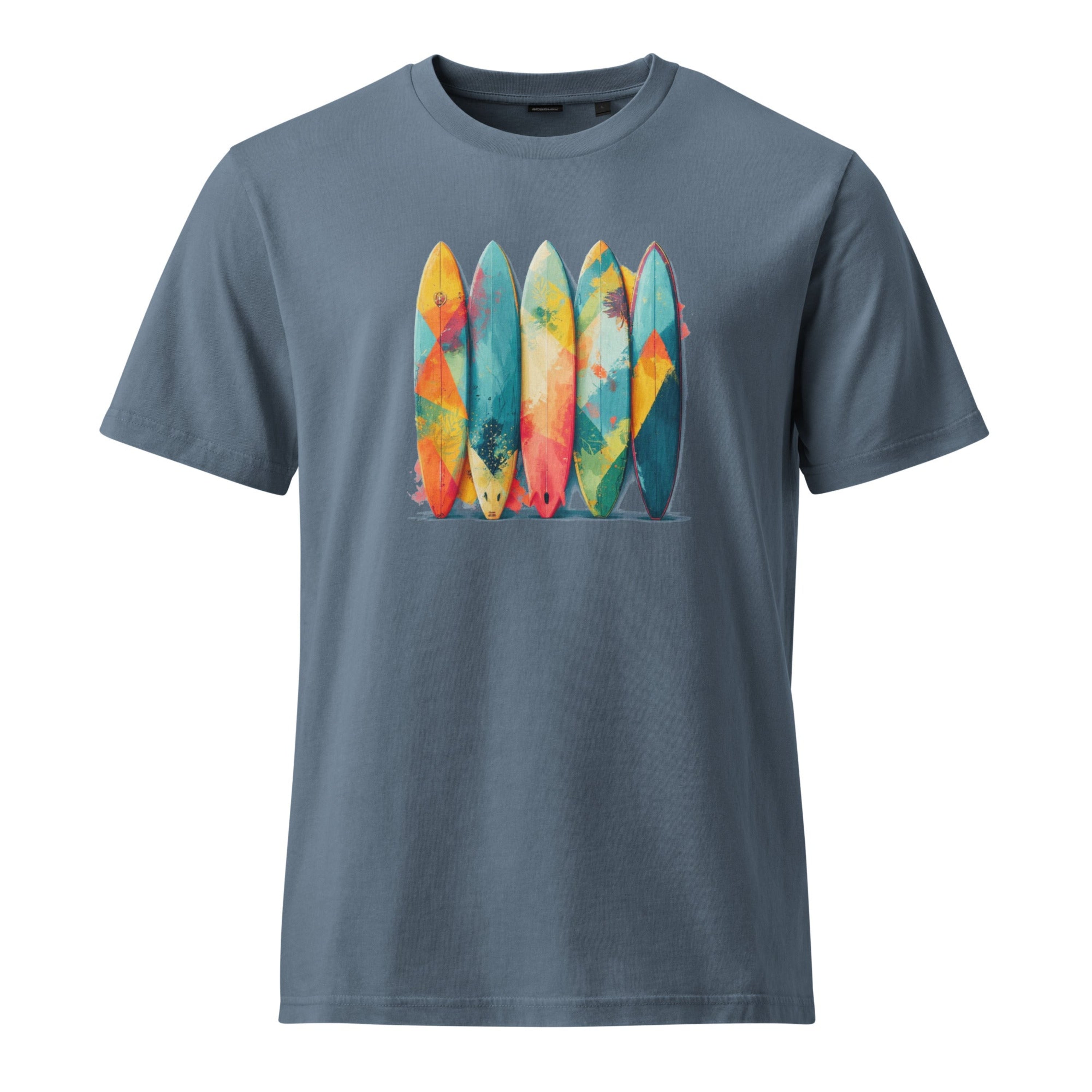 Vintage Blue t-shirt with colorful surfboard graphic on a white background.