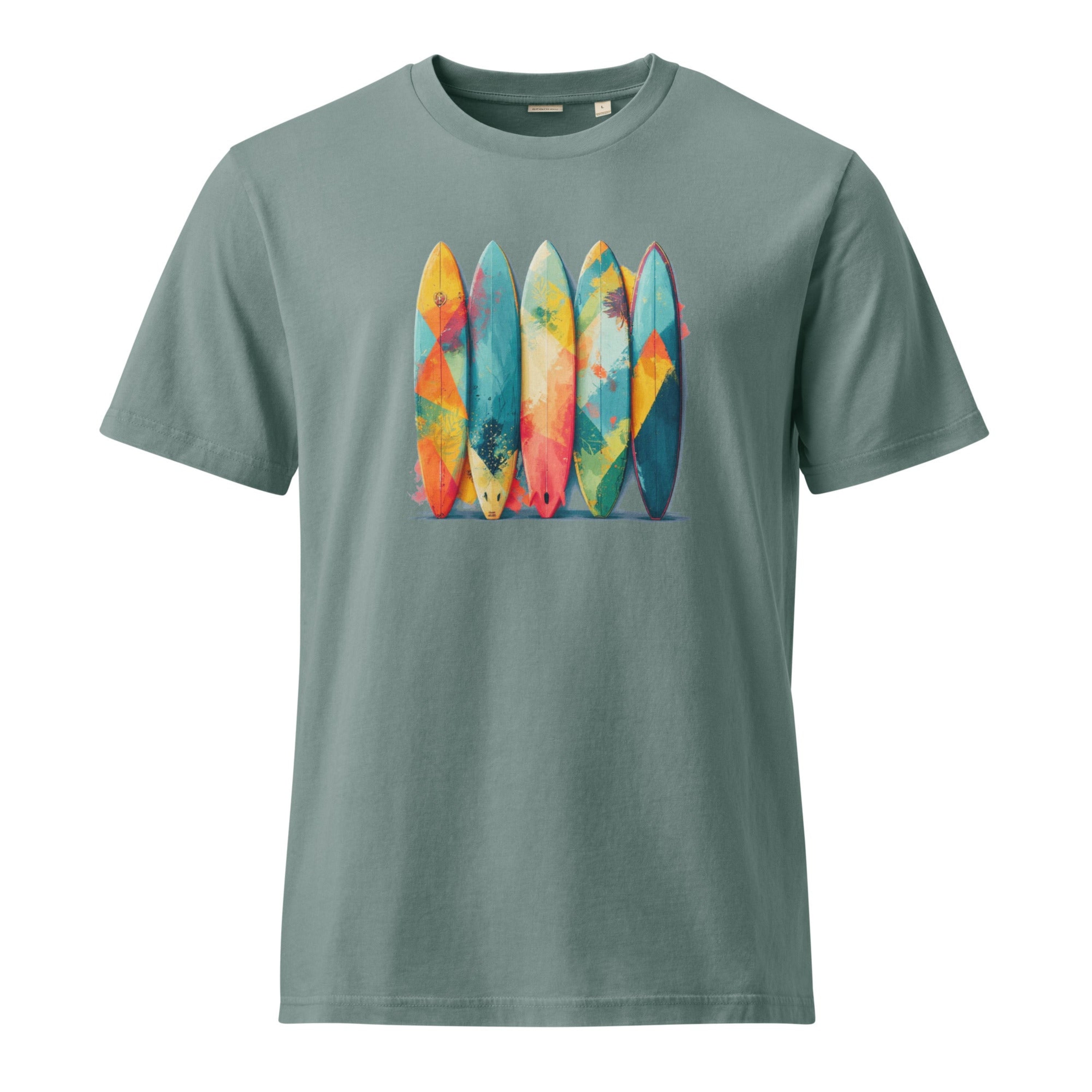 Green t-shirt with colorful surfboard design on a white background.