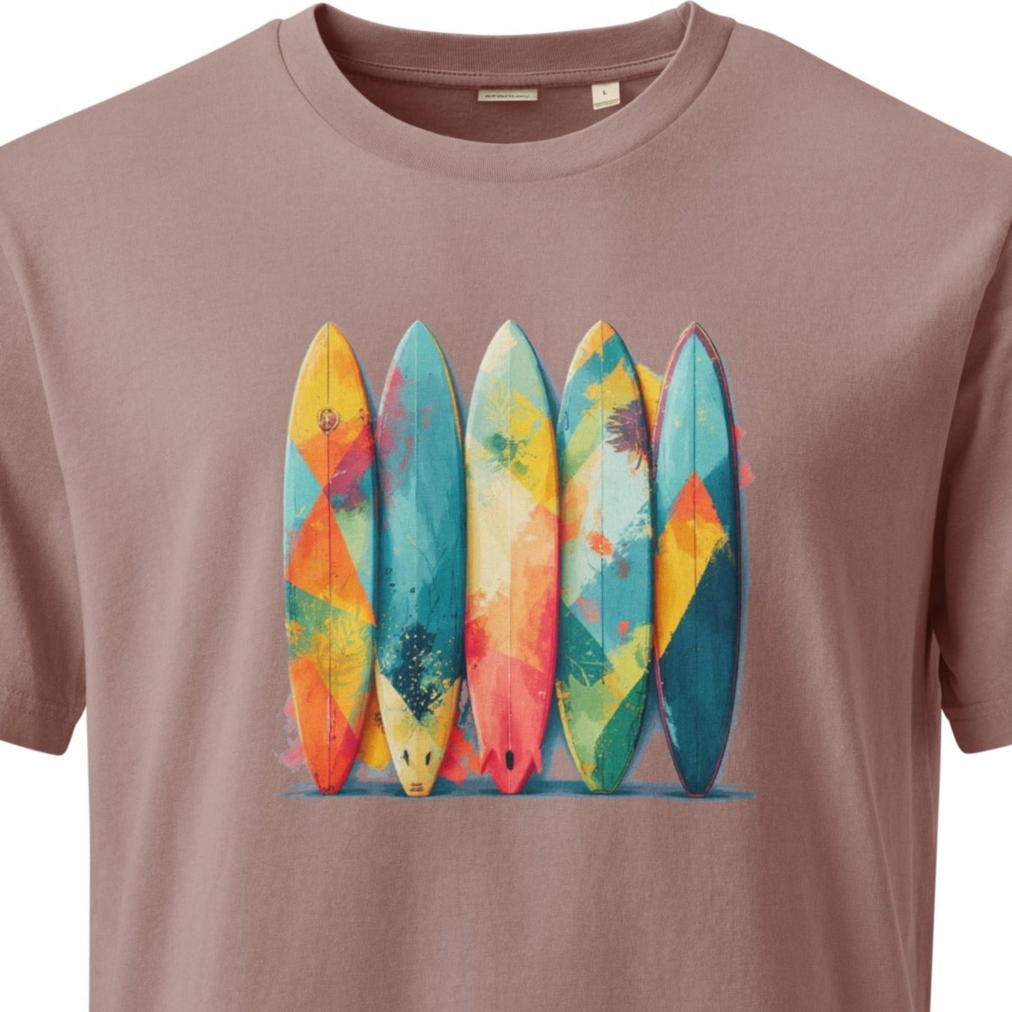 Dusty rose t-shirt featuring a vibrant graphic print of five upright surfboards decorated with colorful abstract geometric patterns.
