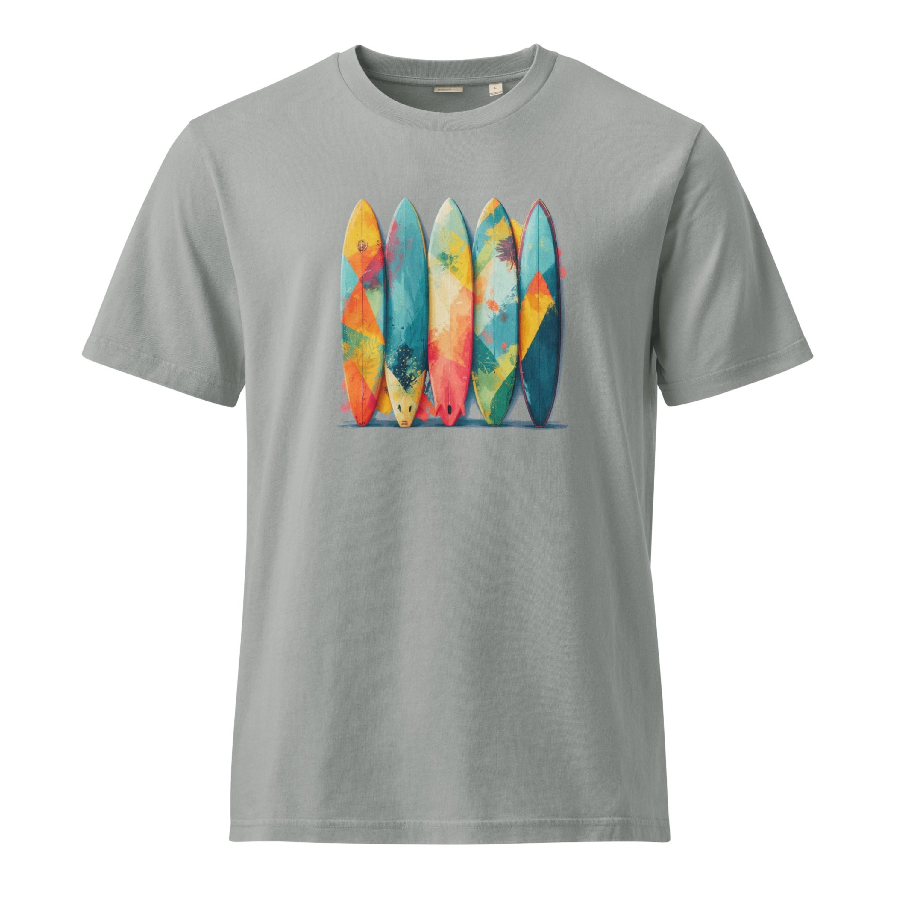 Grey crewneck t-shirt featuring a vibrant graphic print of five upright surfboards decorated with colorful abstract geometric patterns.