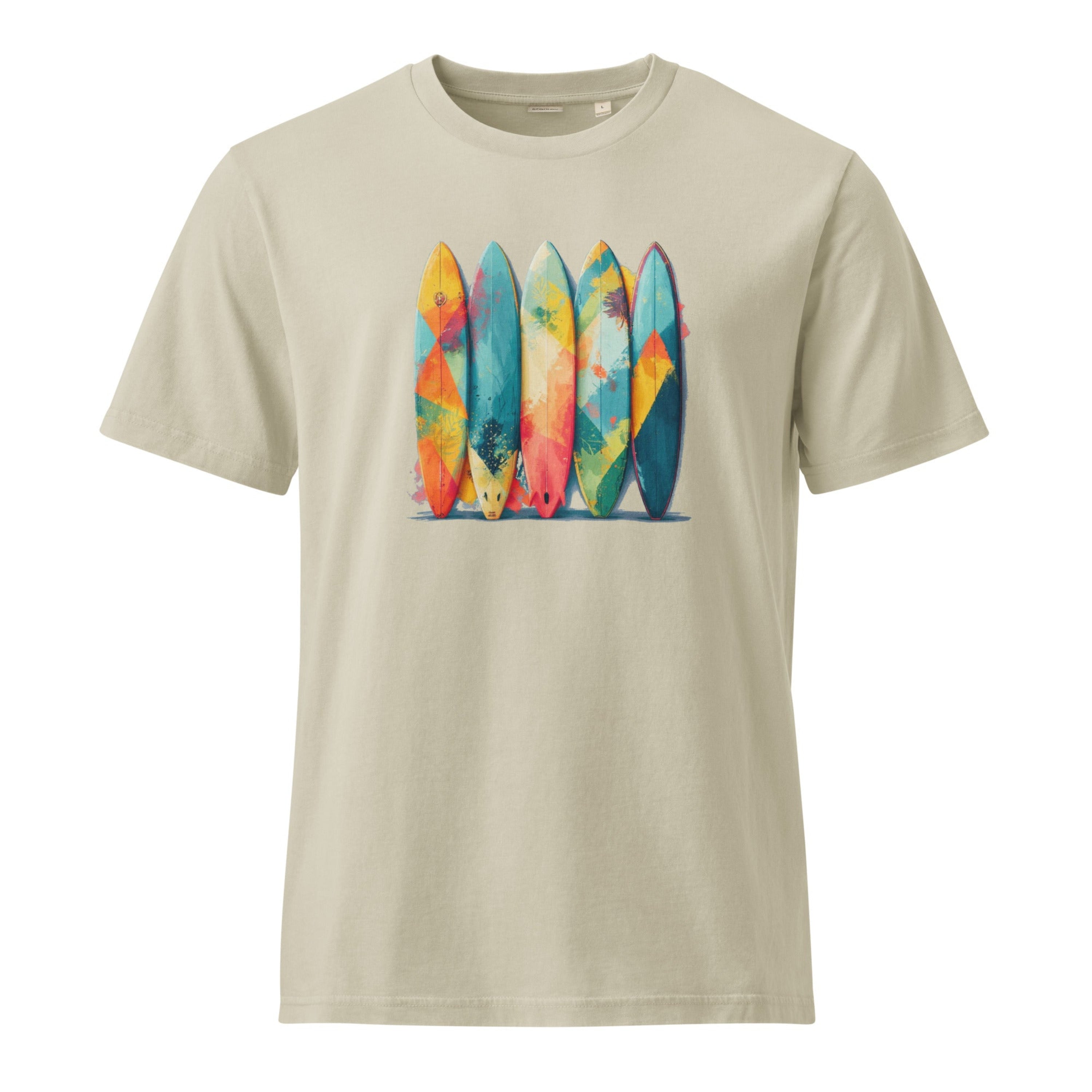 Beige t-shirt with colorful surfboard design on a white background.