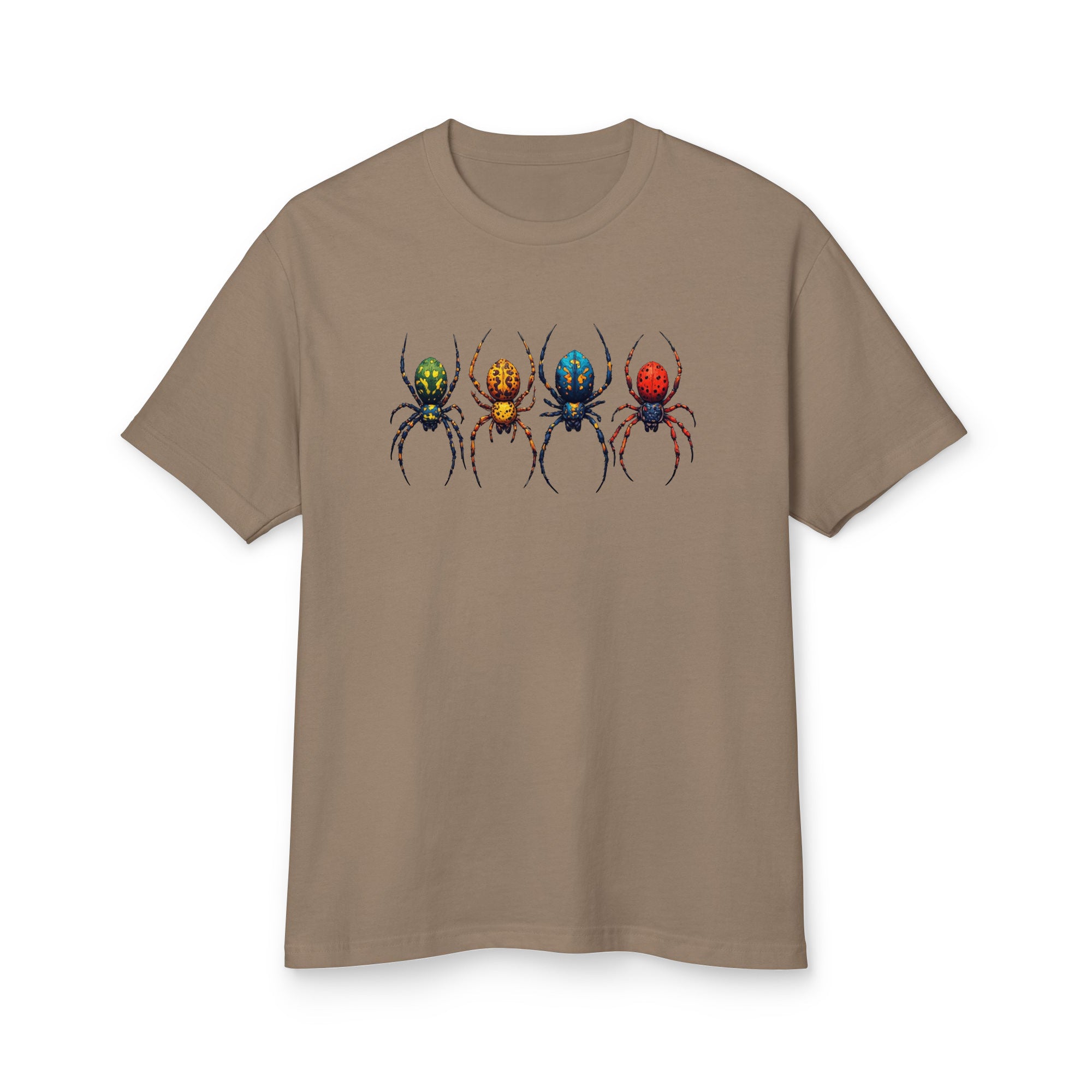 A taupe brown short-sleeve crewneck t-shirt featuring a graphic print of four stylized spiders across the chest, each with a different colored abdomen (green, orange, blue, and red) on a plain white background.
