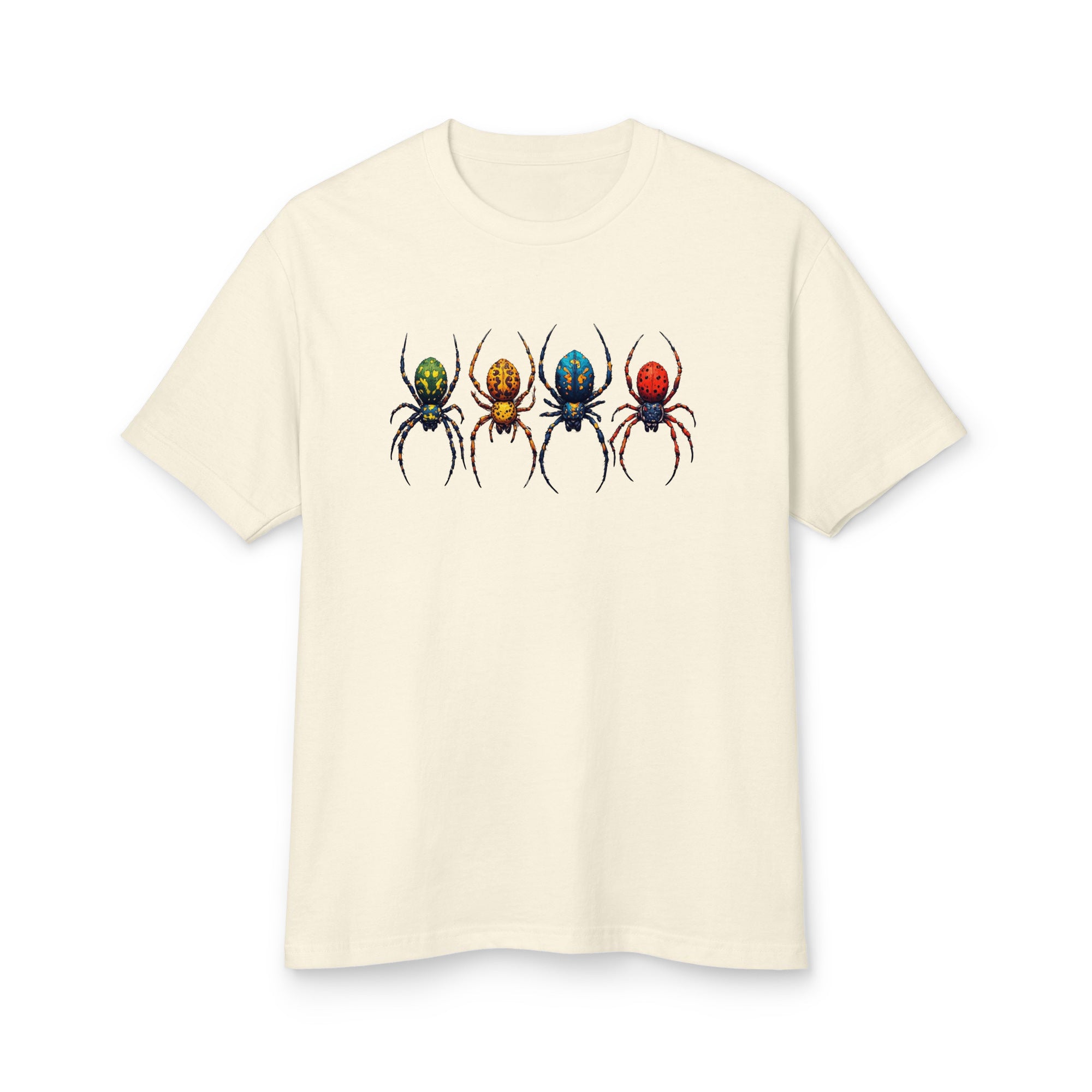 An off-white short-sleeve crewneck t-shirt featuring a graphic print of four colorful spiders aligned horizontally across the chest. The spiders are colored green, orange, blue, and red.