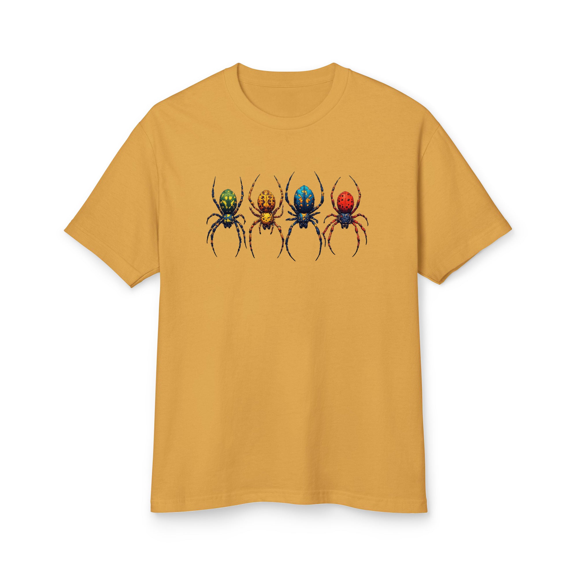 A mustard yellow short-sleeve crewneck t-shirt featuring a graphic of four stylized spiders in green, orange, blue, and red across the chest, displayed on a clean white background.