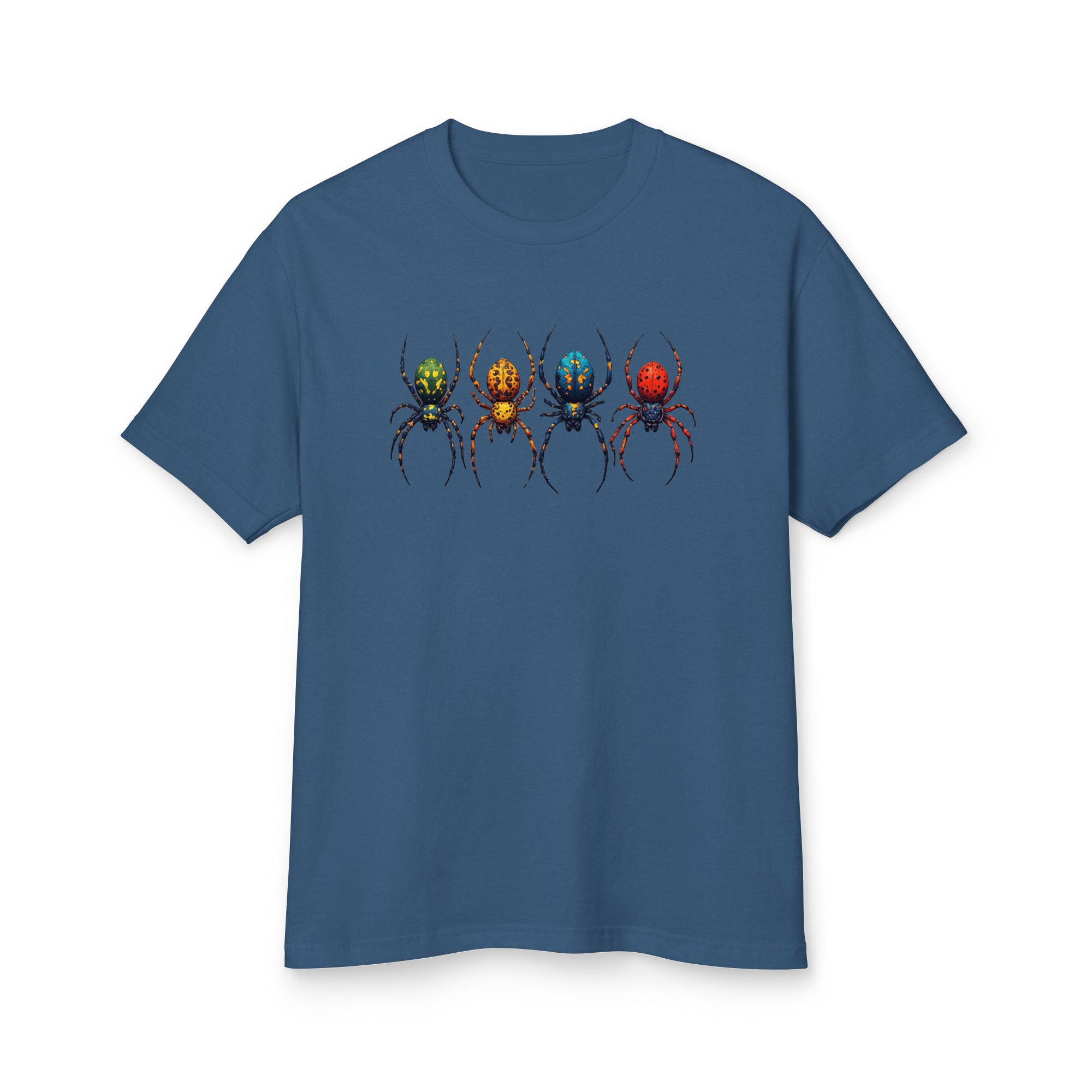 A blue short-sleeve crewneck t-shirt featuring a graphic print of four colorful spiders in a row across the chest, displayed on a clean white background.