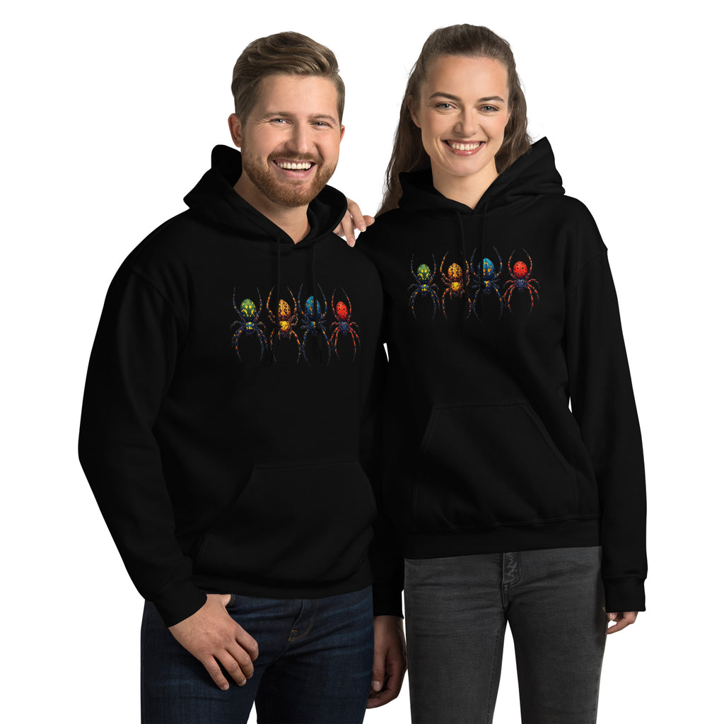 A man and a woman modeling matching black hoodies with a graphic of four colorful spiders across the chest, set against a plain white background.