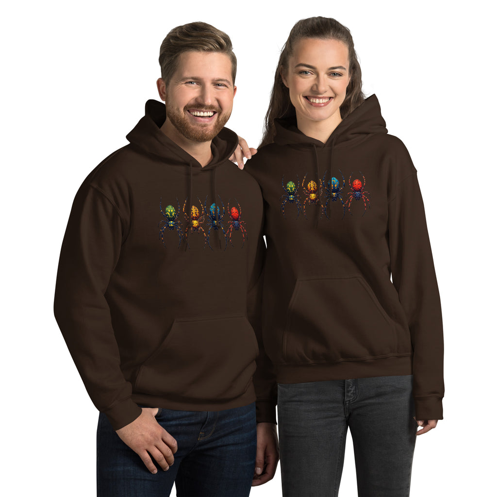 A man and a woman modeling matching brown hoodies with a graphic of four colorful spiders across the chest, set against a plain white background.
