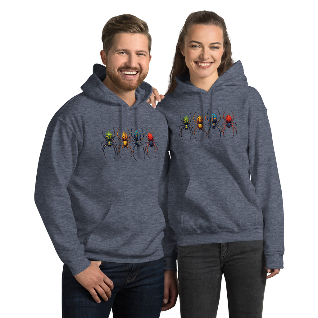 A man and a woman modeling matching dark grey hoodies with a graphic of four colorful spiders across the chest, set against a plain white background.