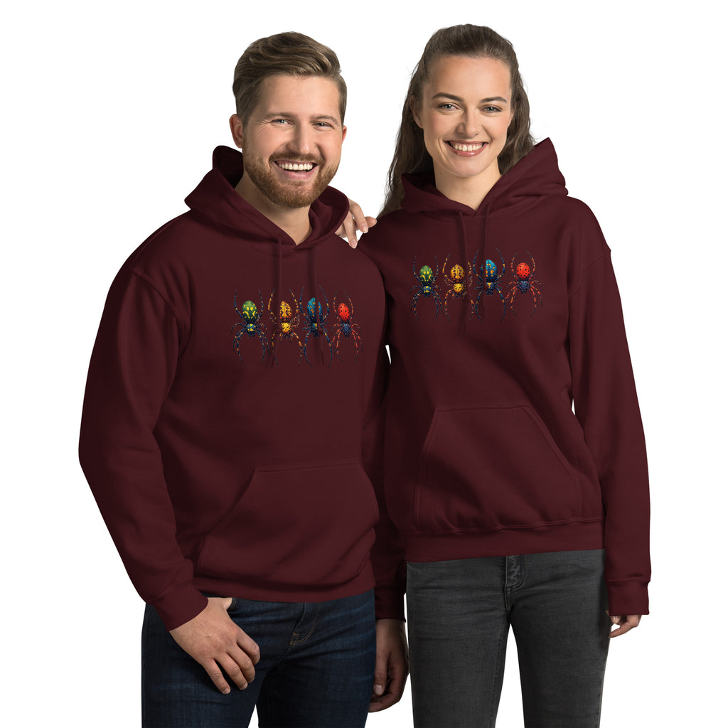 A man and a woman modeling matching maroon hoodies with a graphic of four colorful spiders across the chest, set against a plain white background.