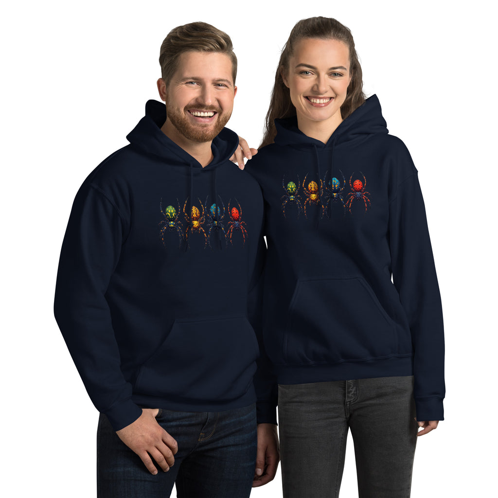 A man and a woman modeling matching navy blue hoodies with a graphic of four colorful spiders across the chest, set against a plain white background.