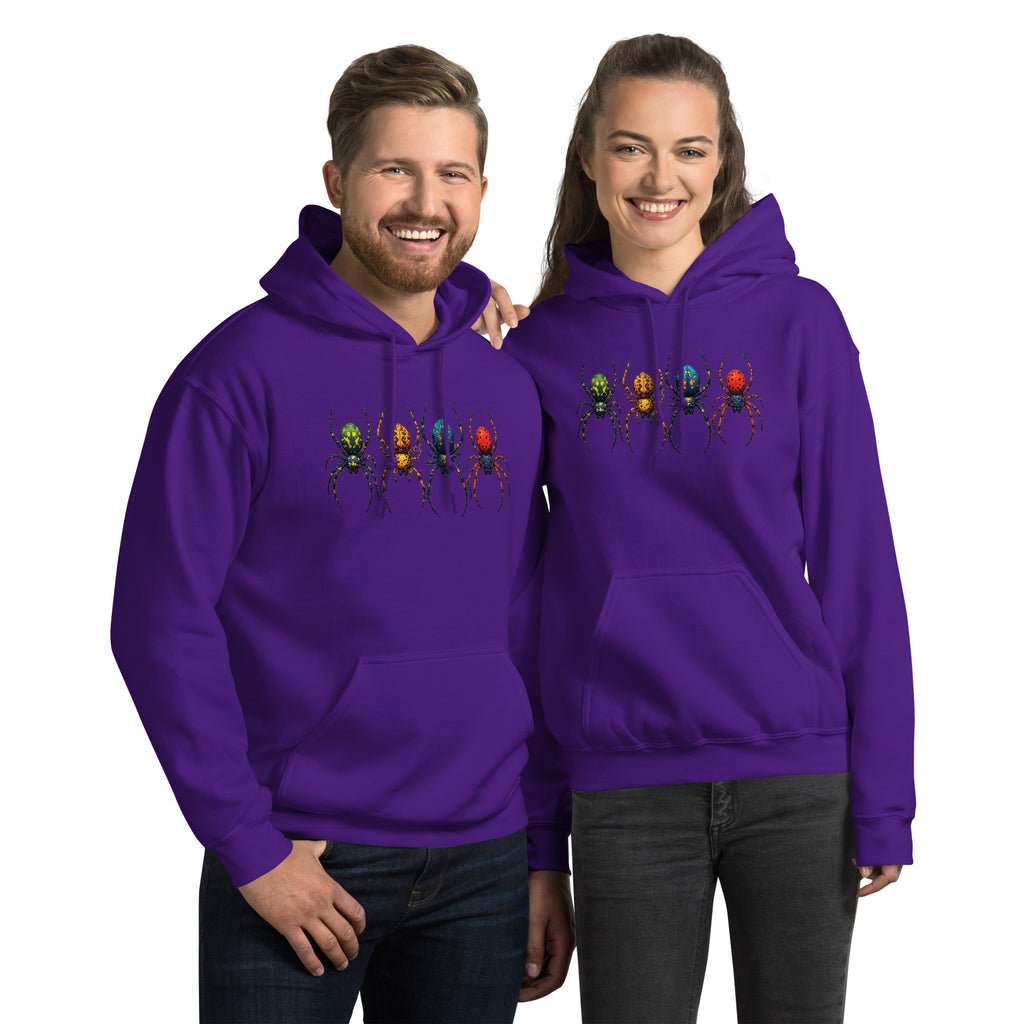 A man and a woman modeling matching purple hoodies with a graphic of four colorful spiders across the chest, set against a plain white background.