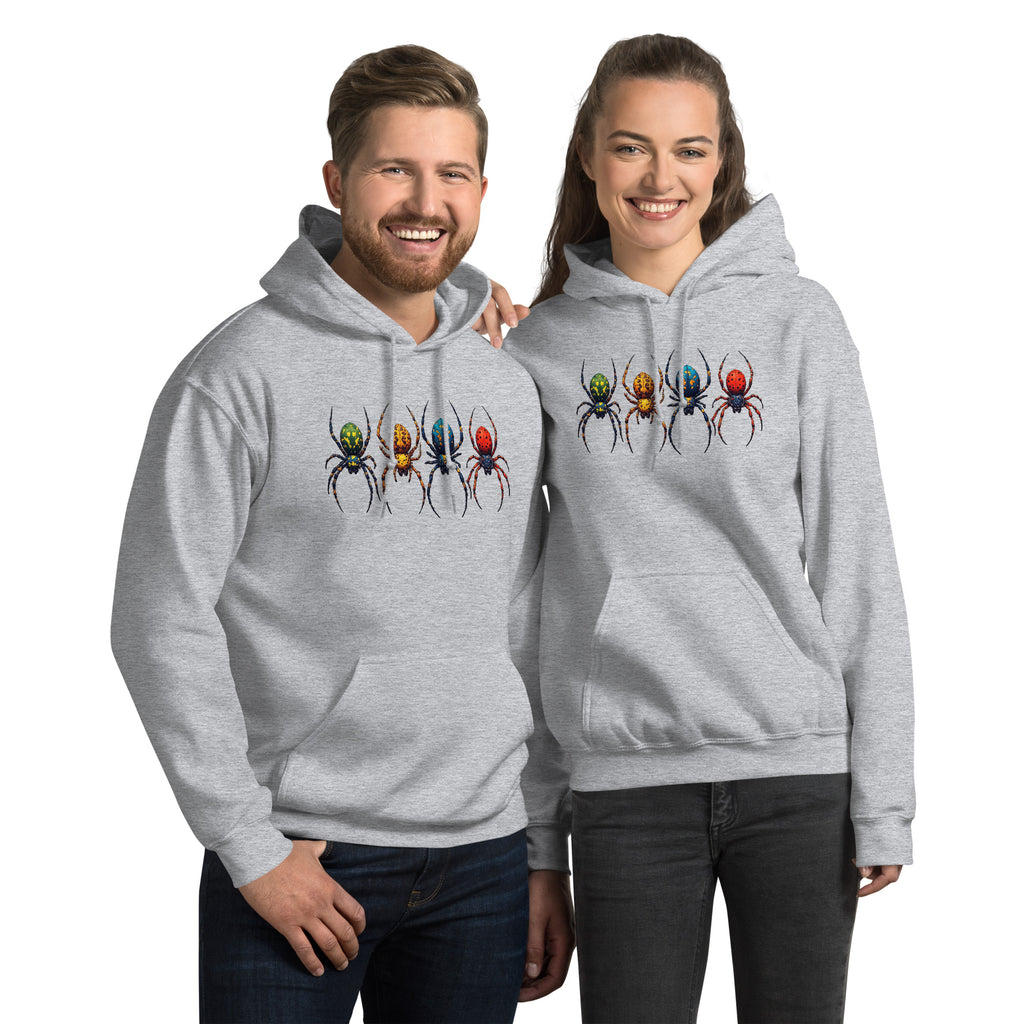 A man and a woman modeling matching light grey hoodies with a graphic of four colorful spiders across the chest, set against a plain white background.