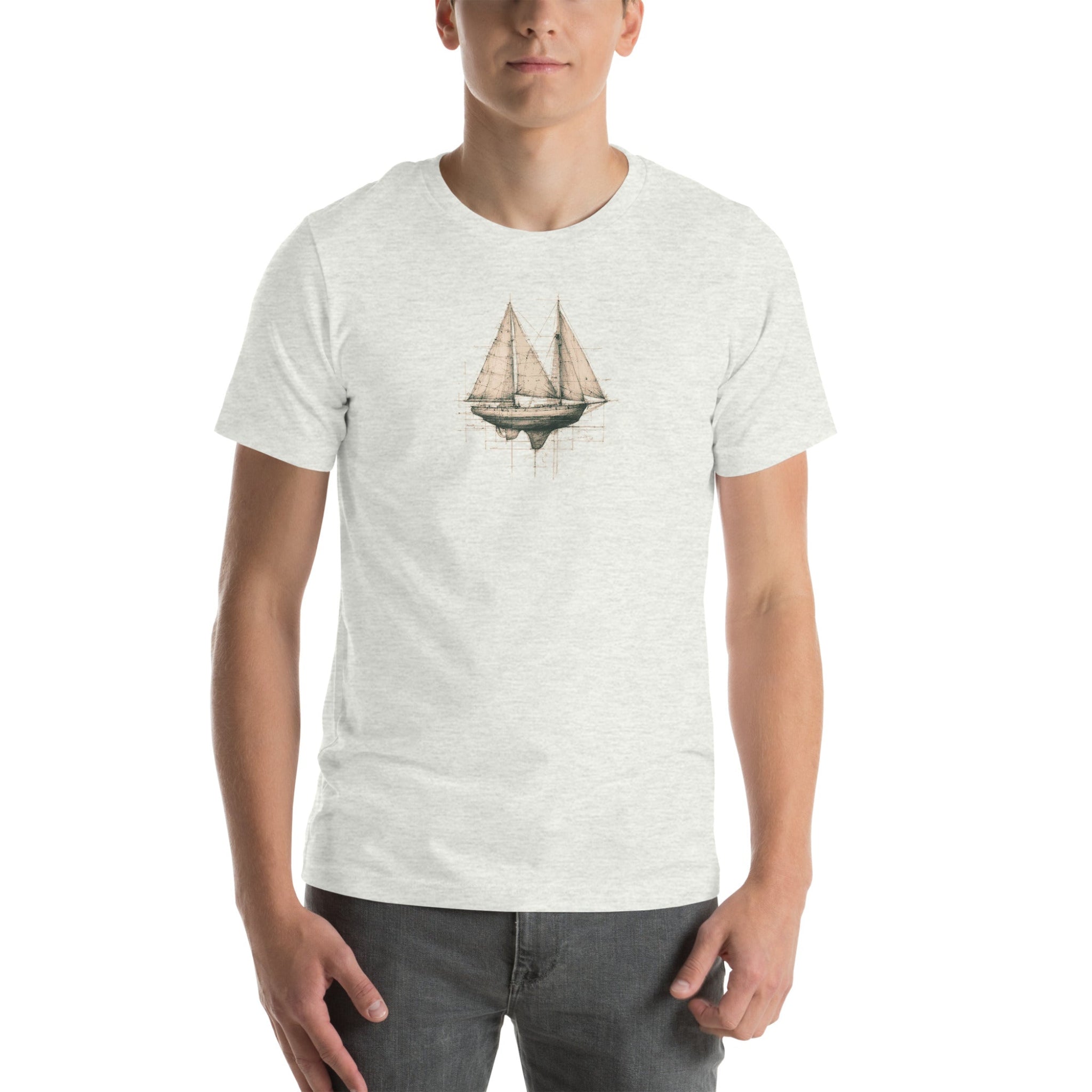 Man wearing a cream t-shirt  with Sail Boat Design on a white background.