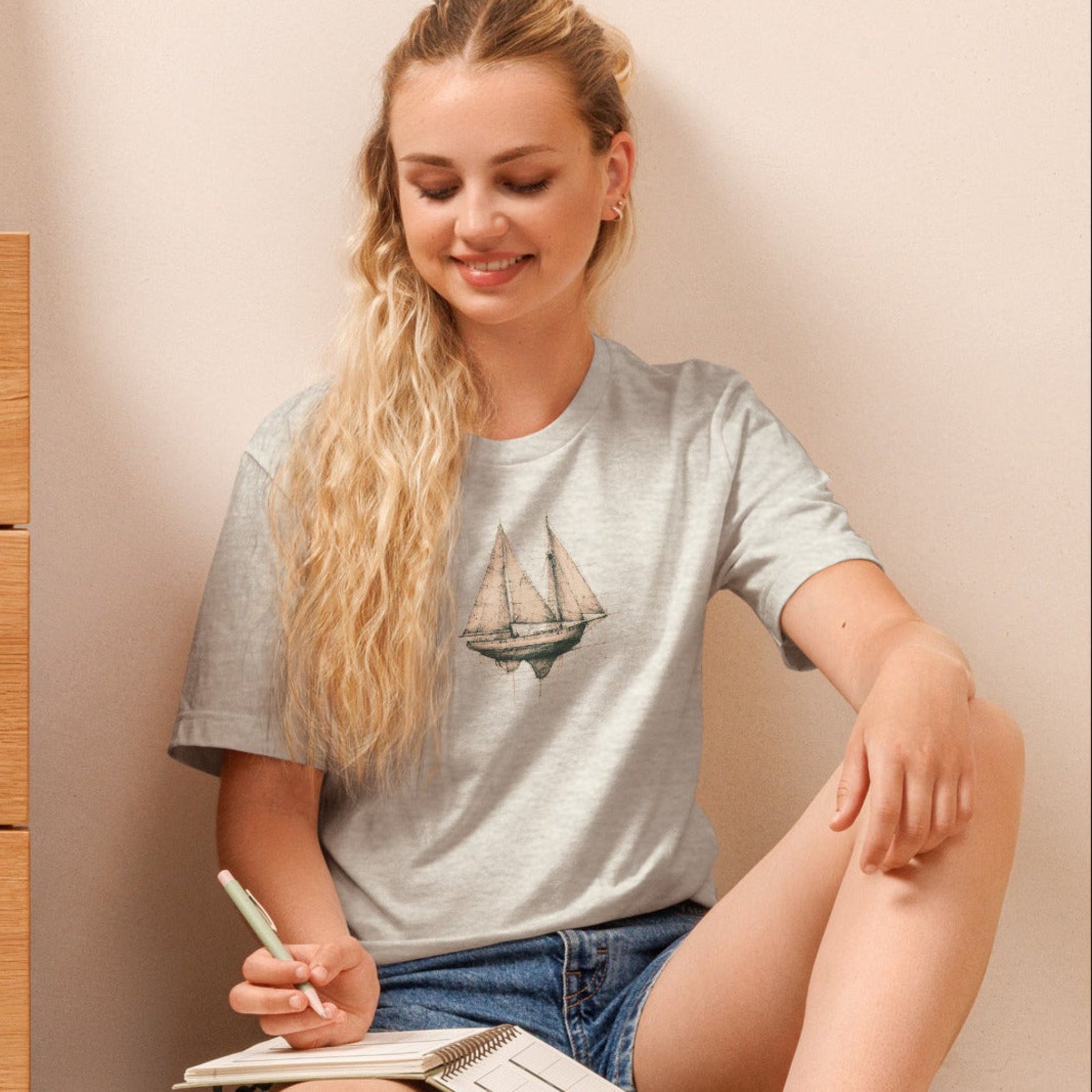 Woman wearing a t-shirt with a sailboat design on the front sitting on the floor reading a book with a wooden dresser in the background.