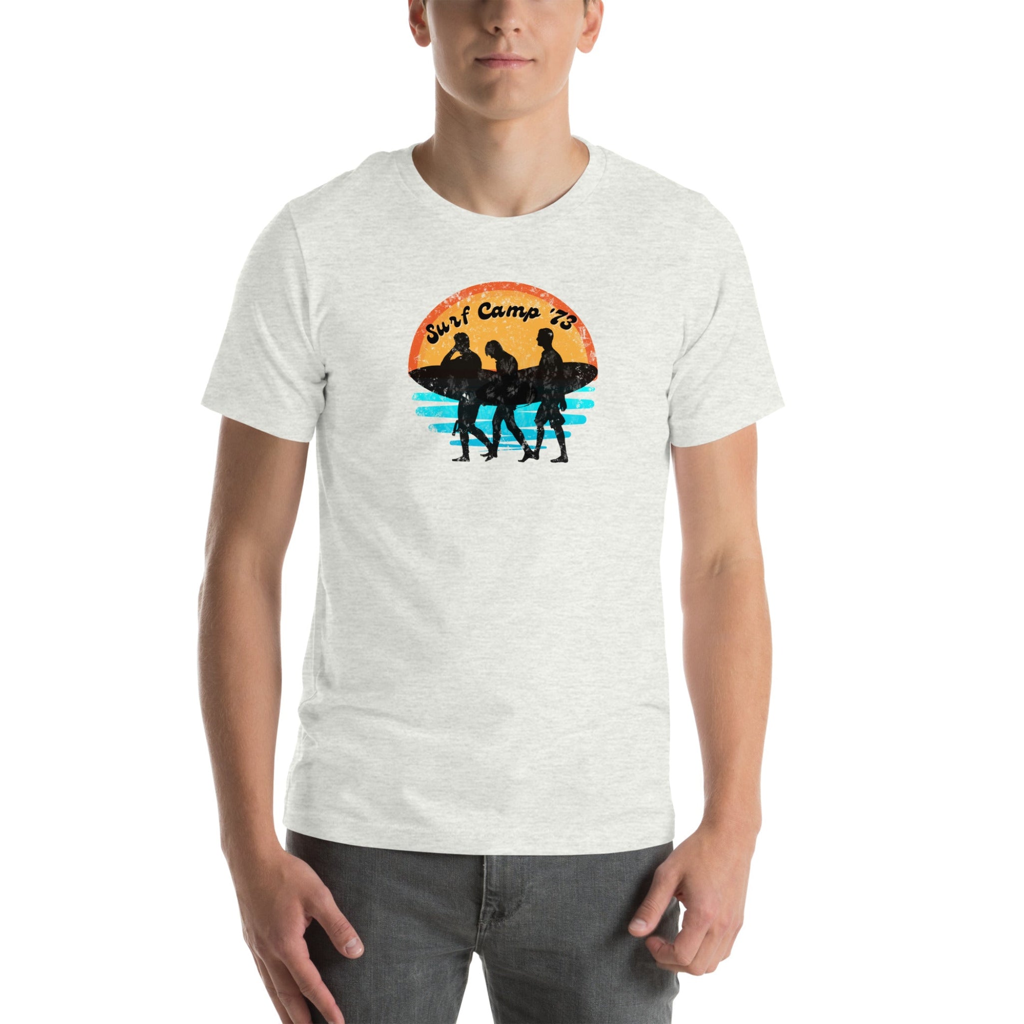 Person wearing a white t-shirt with a graphic design on a white background.