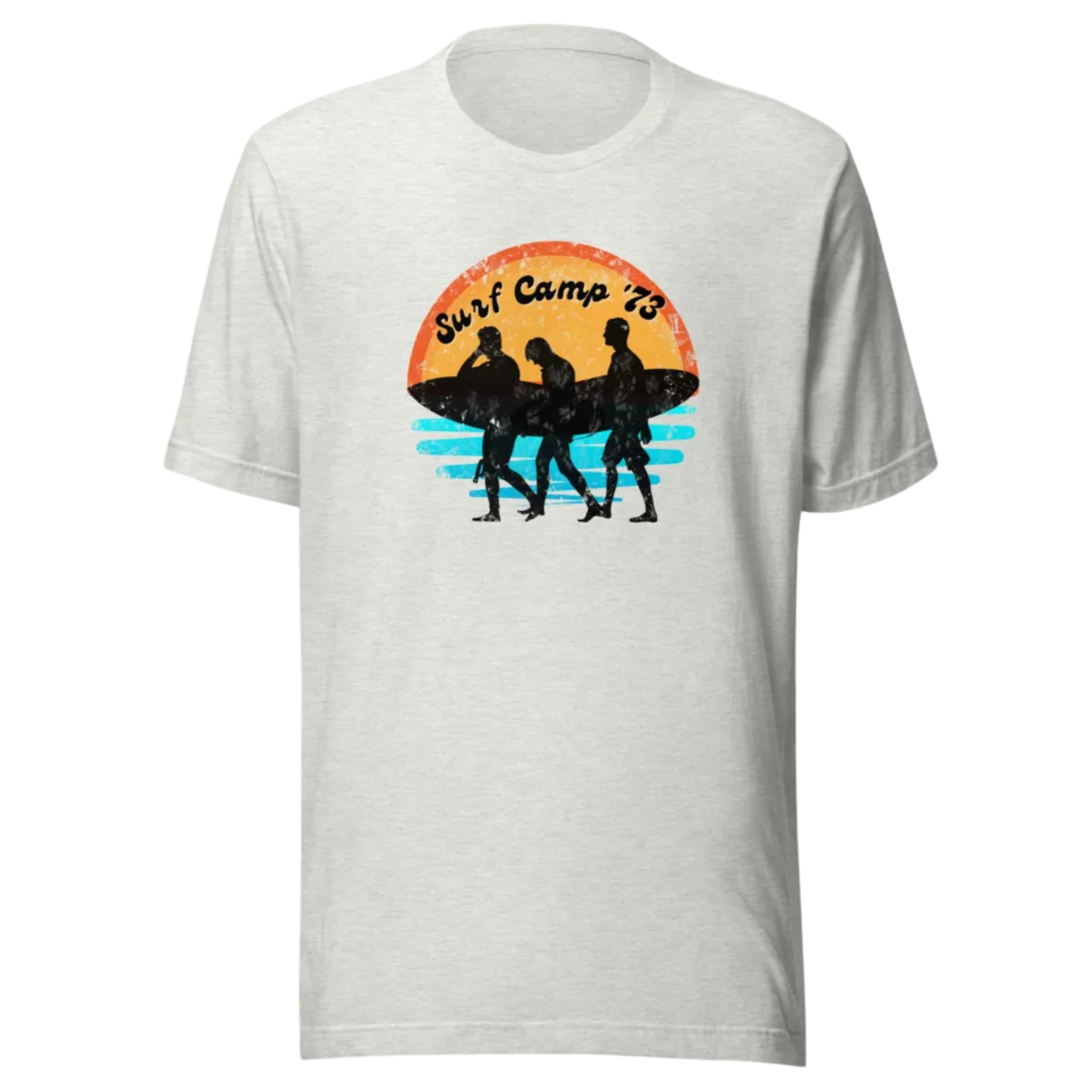 White t-shirt with 'Surf Camp 73' graphic design on a white background.