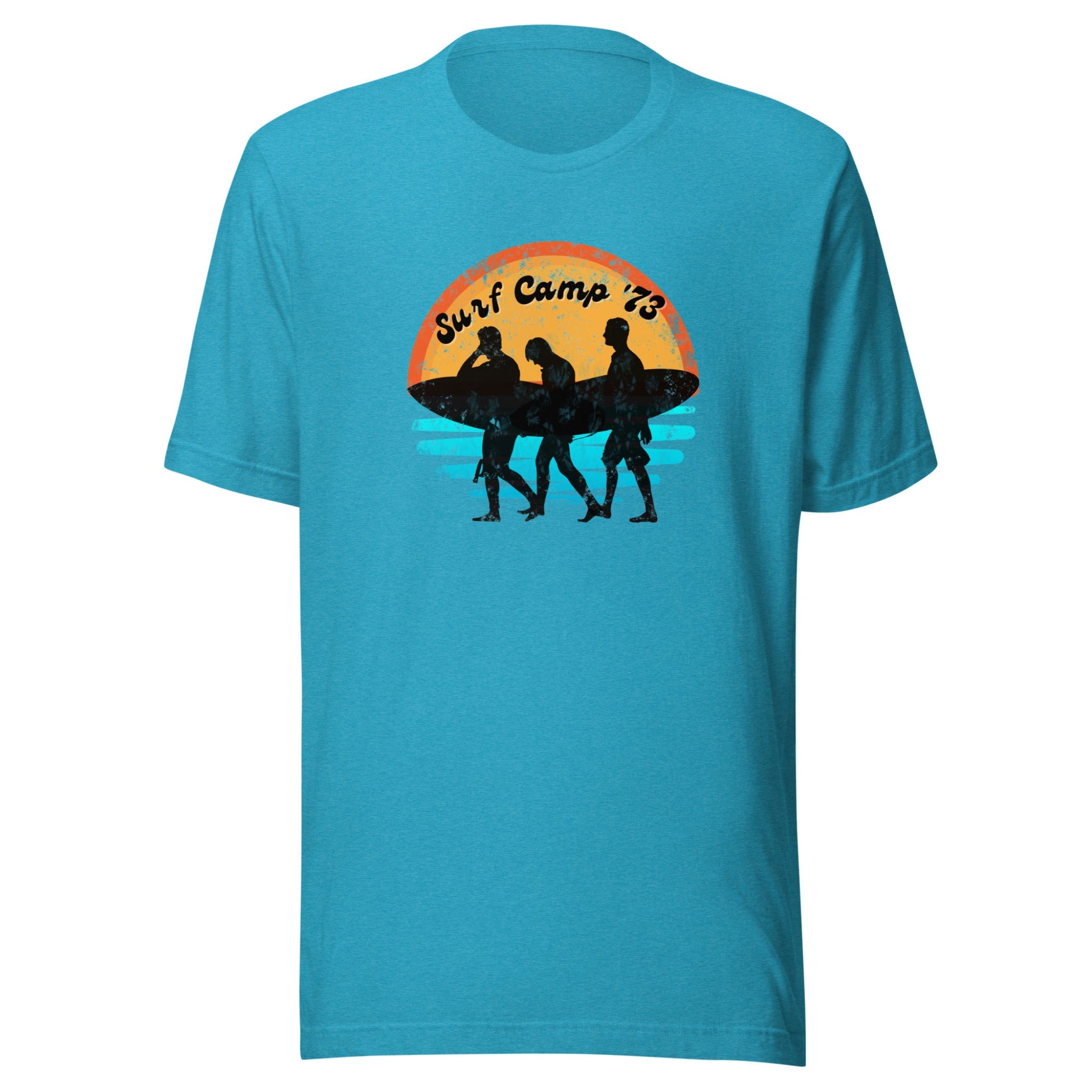 Blue t-shirt with a 'Surf Camp 73' graphic on a white background.