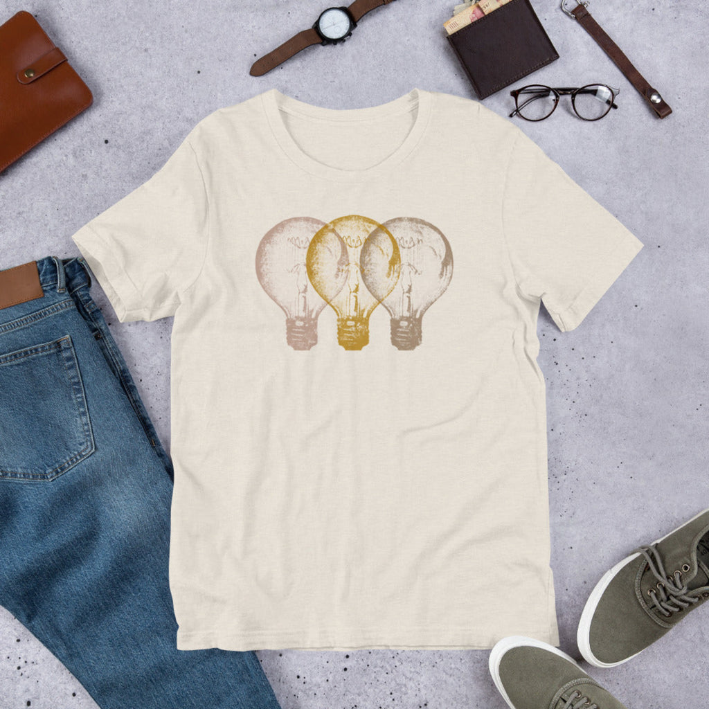 Vintage Edison light bulb graphic t-shirt, unisex fit.