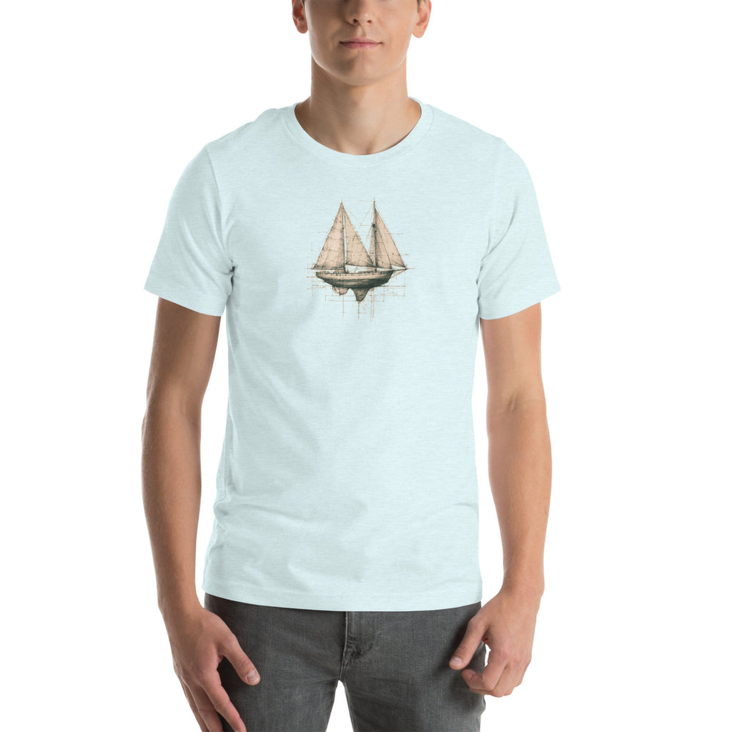Man wearing a light blue t-shirt with a sailboat graphic on a white background.