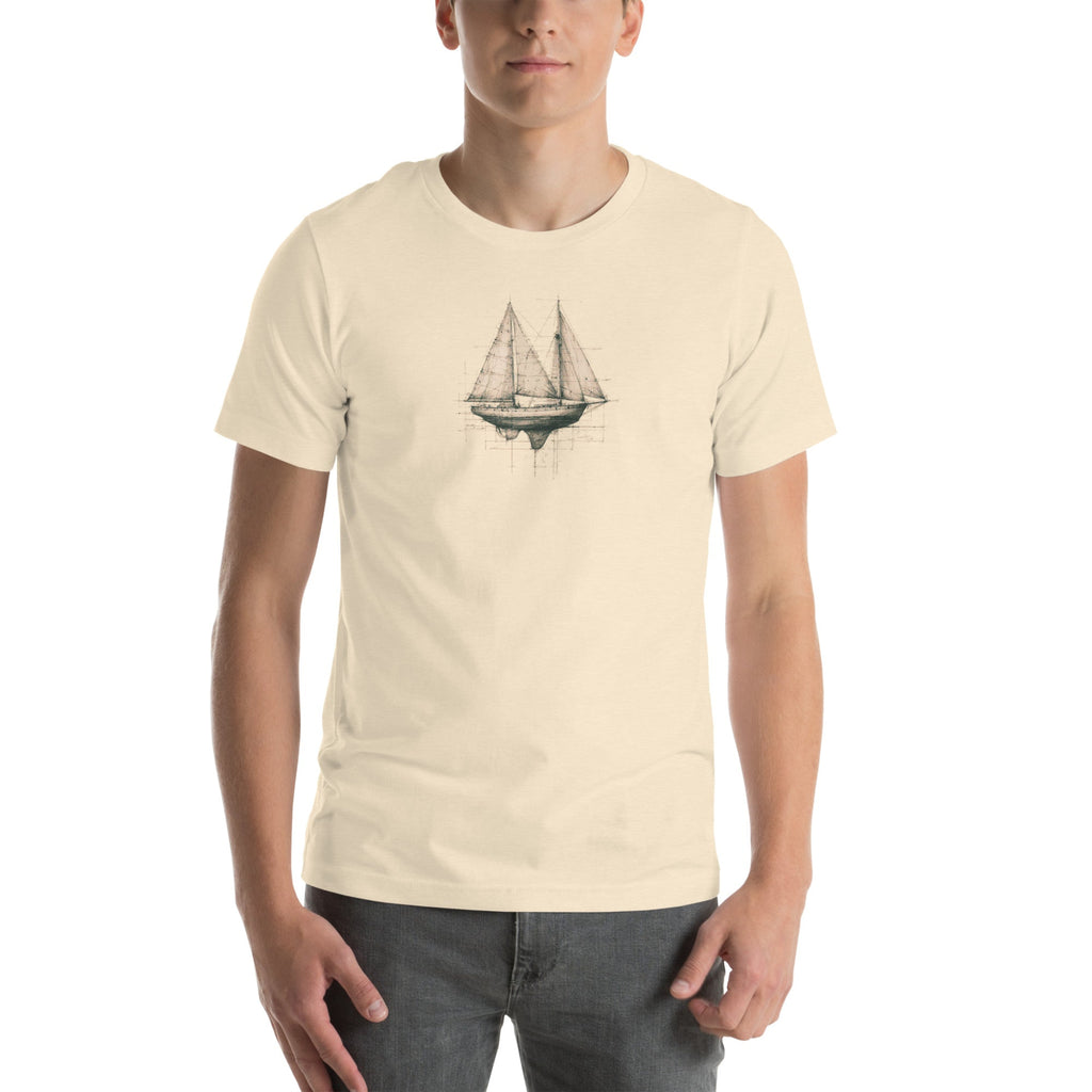 Man wearing a beige t-shirt with Sail Boat Design on a white background.