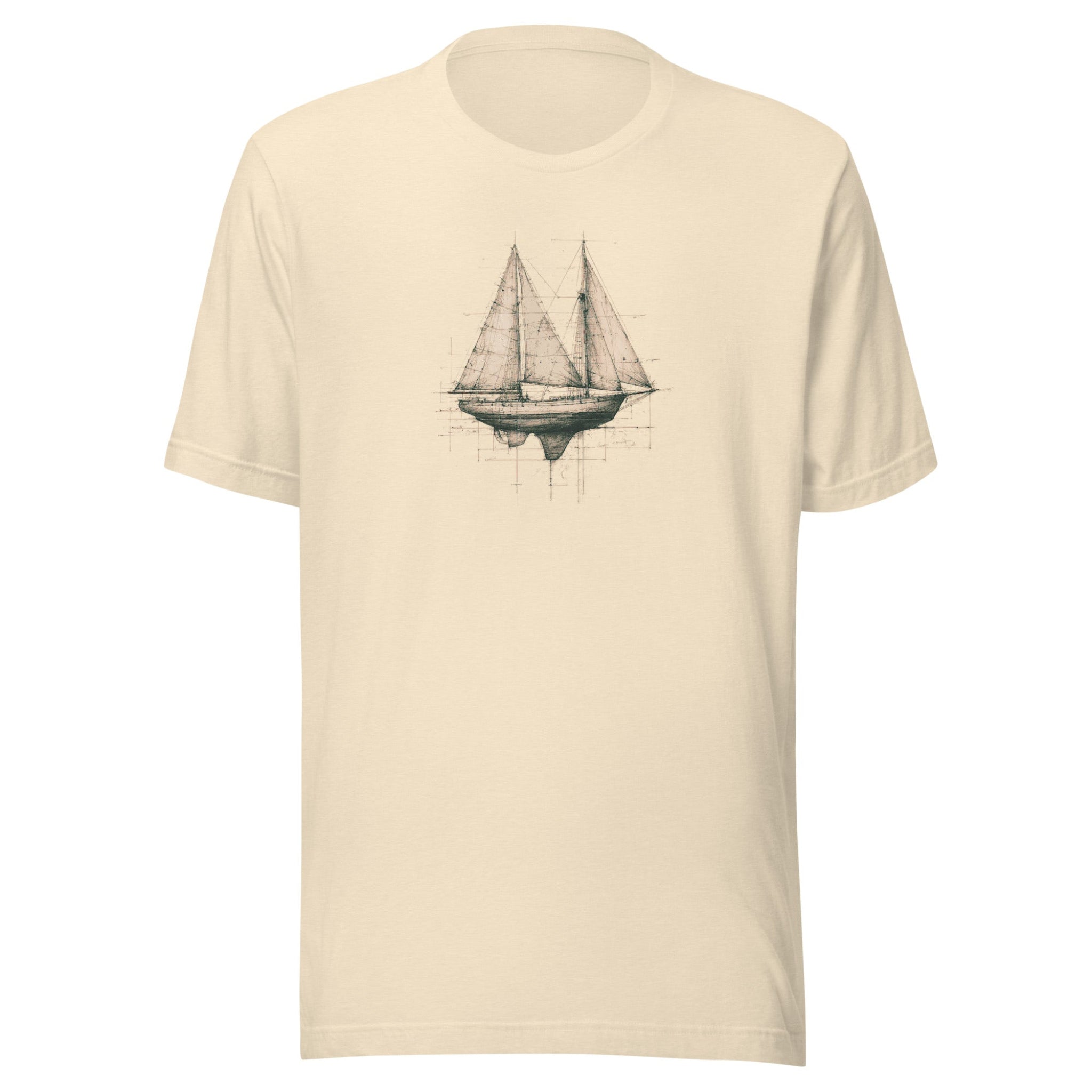 Beige t-shirt with a sailboat design on a white background.