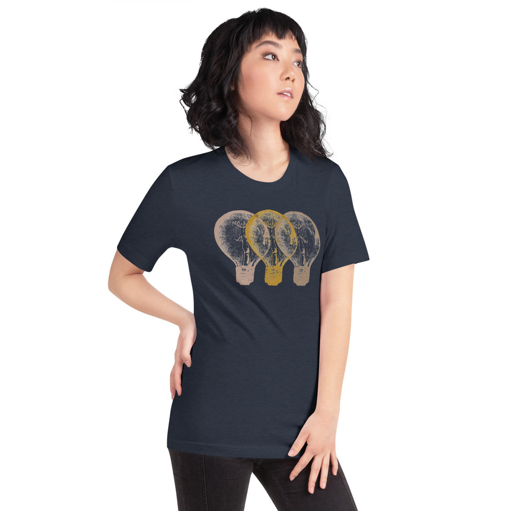 A woman wearing Vintage Edison light bulb graphic t-shirt, unisex fit.