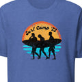 Blue t-shirt with 'Surf Camp 73' graphic on a white background.