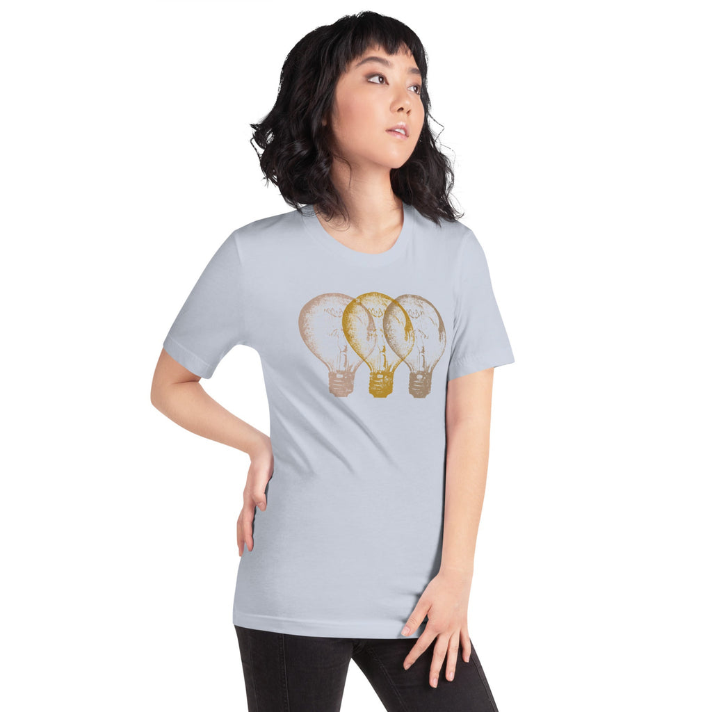 A woman wearing Vintage Edison light bulb graphic light-grey t-shirt, unisex fit.