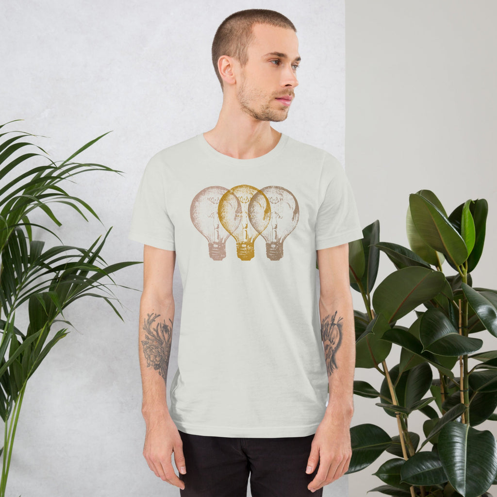 A man wearing Vintage Edison light bulb graphic t-shirt, unisex fit.