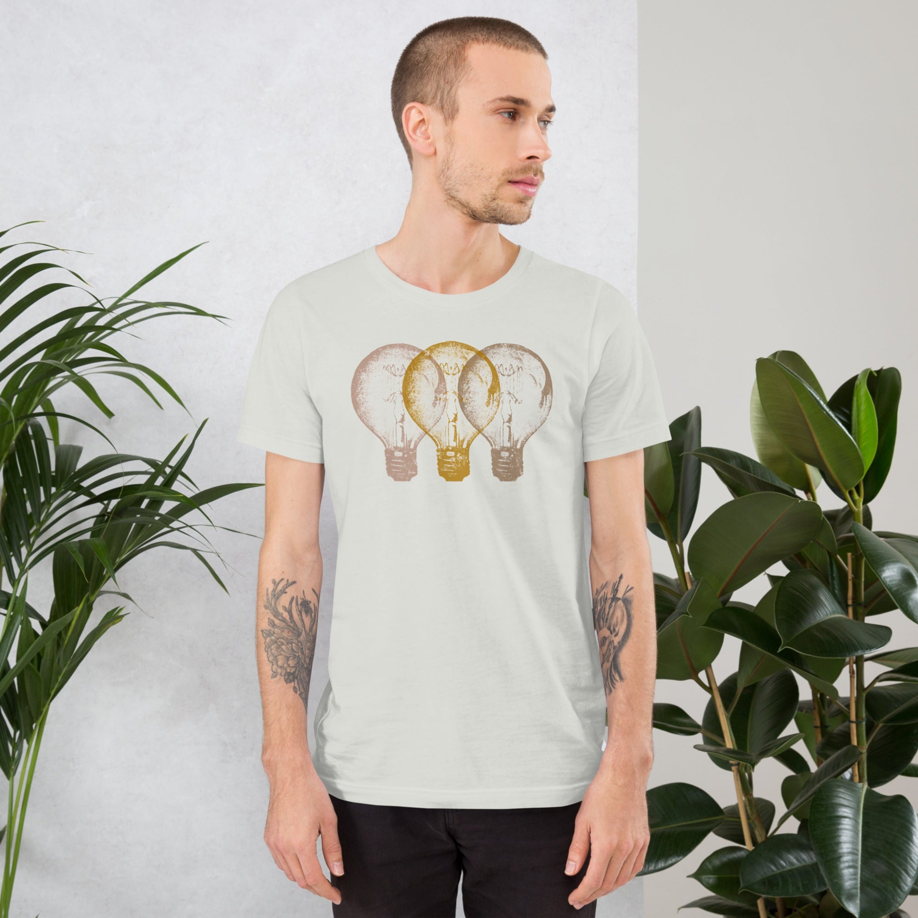 A man wearing Vintage Edison light bulb graphic t-shirt, unisex fit.