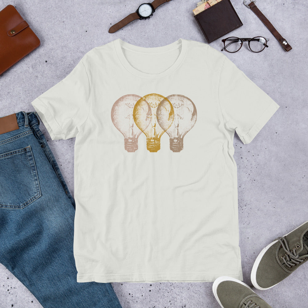 Vintage Edison light bulb graphic t-shirt, unisex fit.
