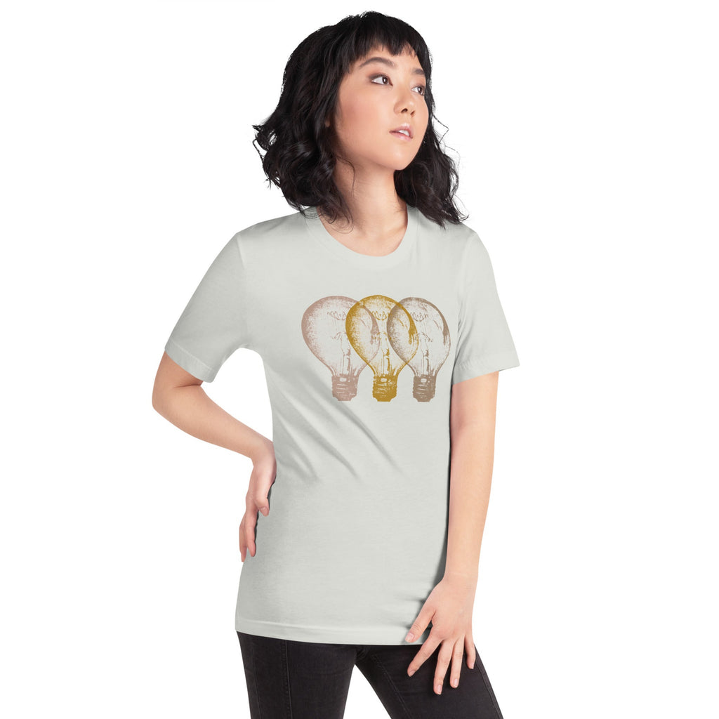 A woman wearing Vintage Edison light bulb graphic gray t-shirt, unisex fit.