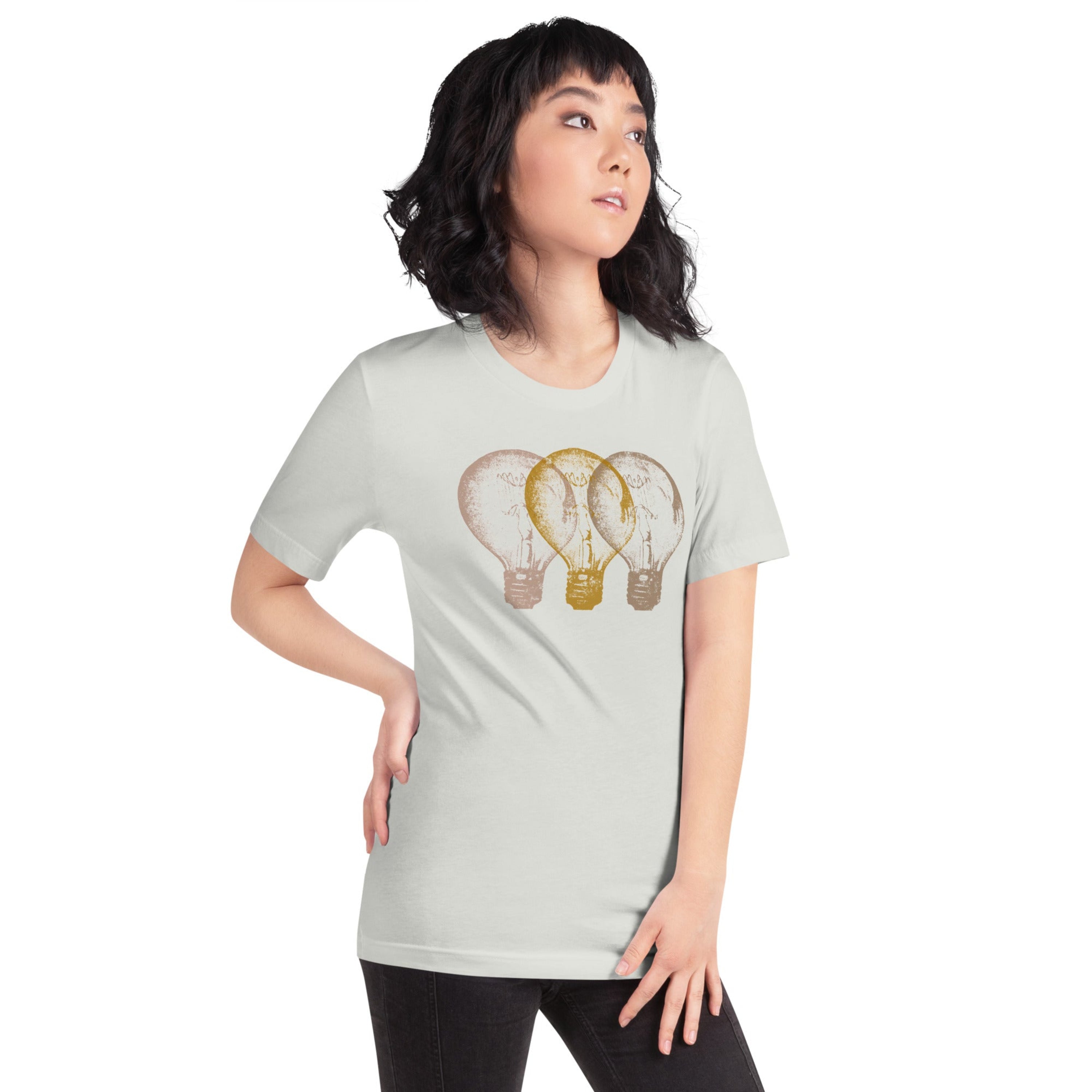 A woman wearing Vintage Edison light bulb graphic gray t-shirt, unisex fit.
