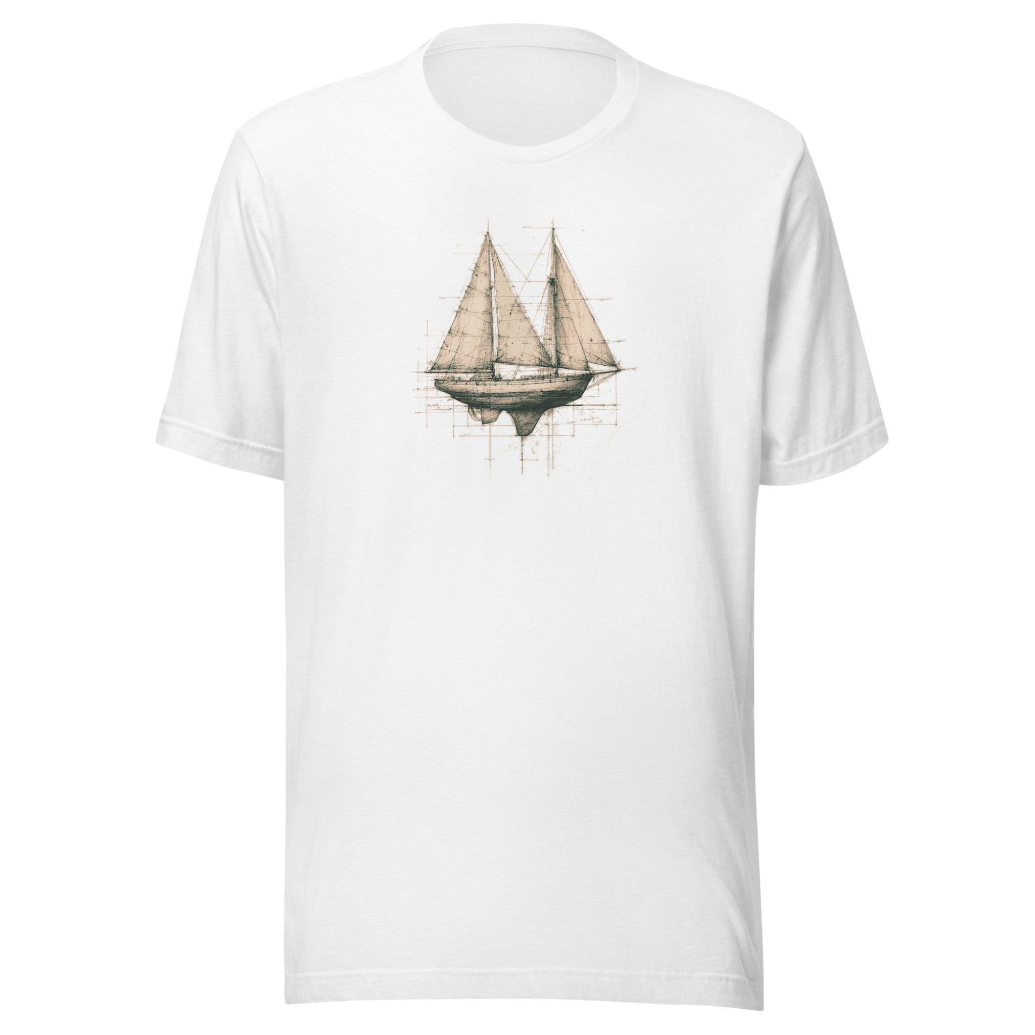 White t-shirt with a sailboat graphic on a white background.