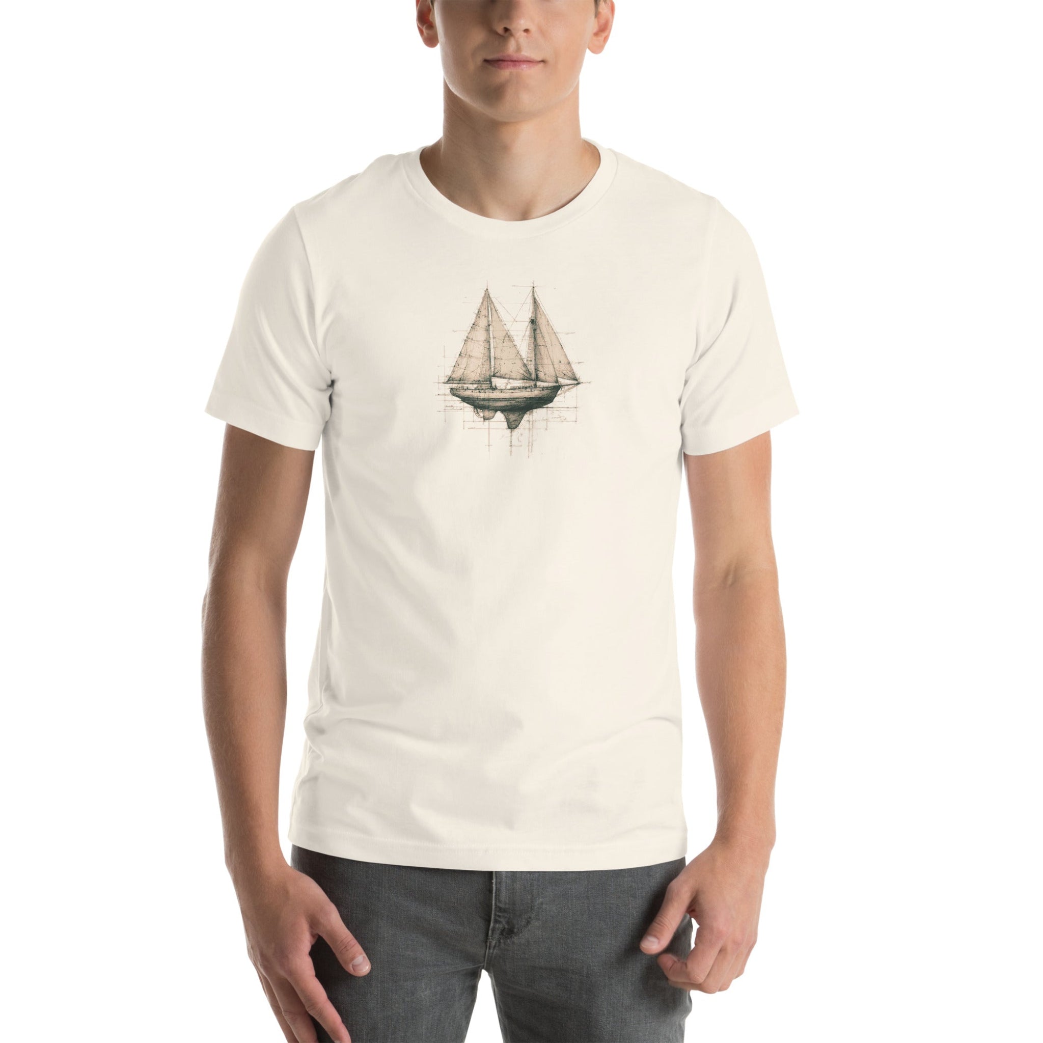 Man wearing a white t-shirt with Sail Boat Design on a white background.