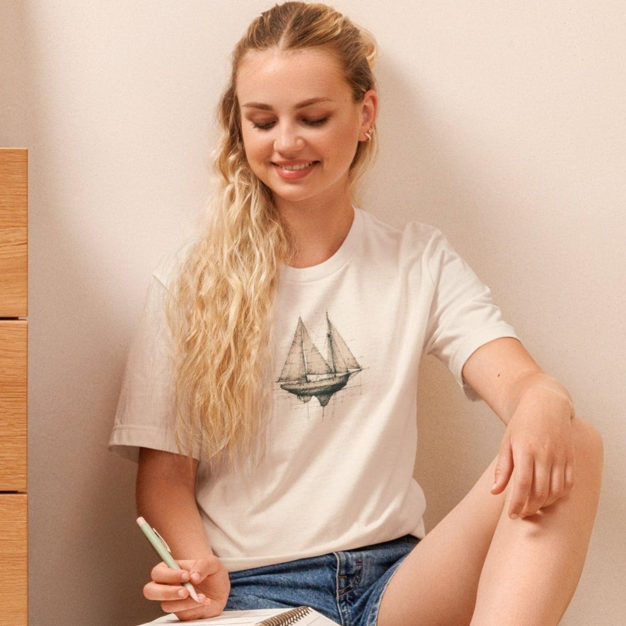 Vintage white sailboat graphic on blue t-shirt for sailors. 