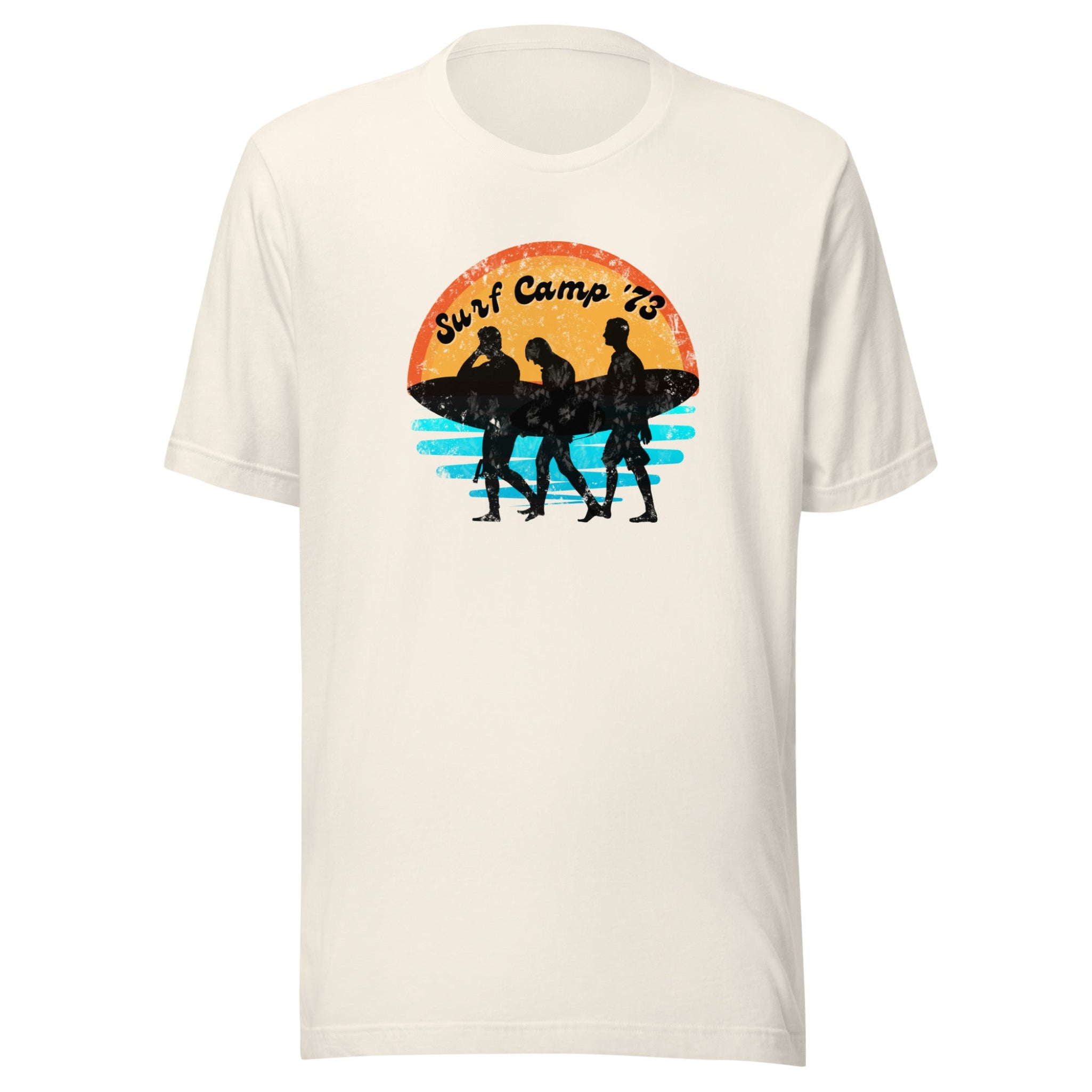 White t-shirt with 'Surf Camp 73' graphic design on a white background.
