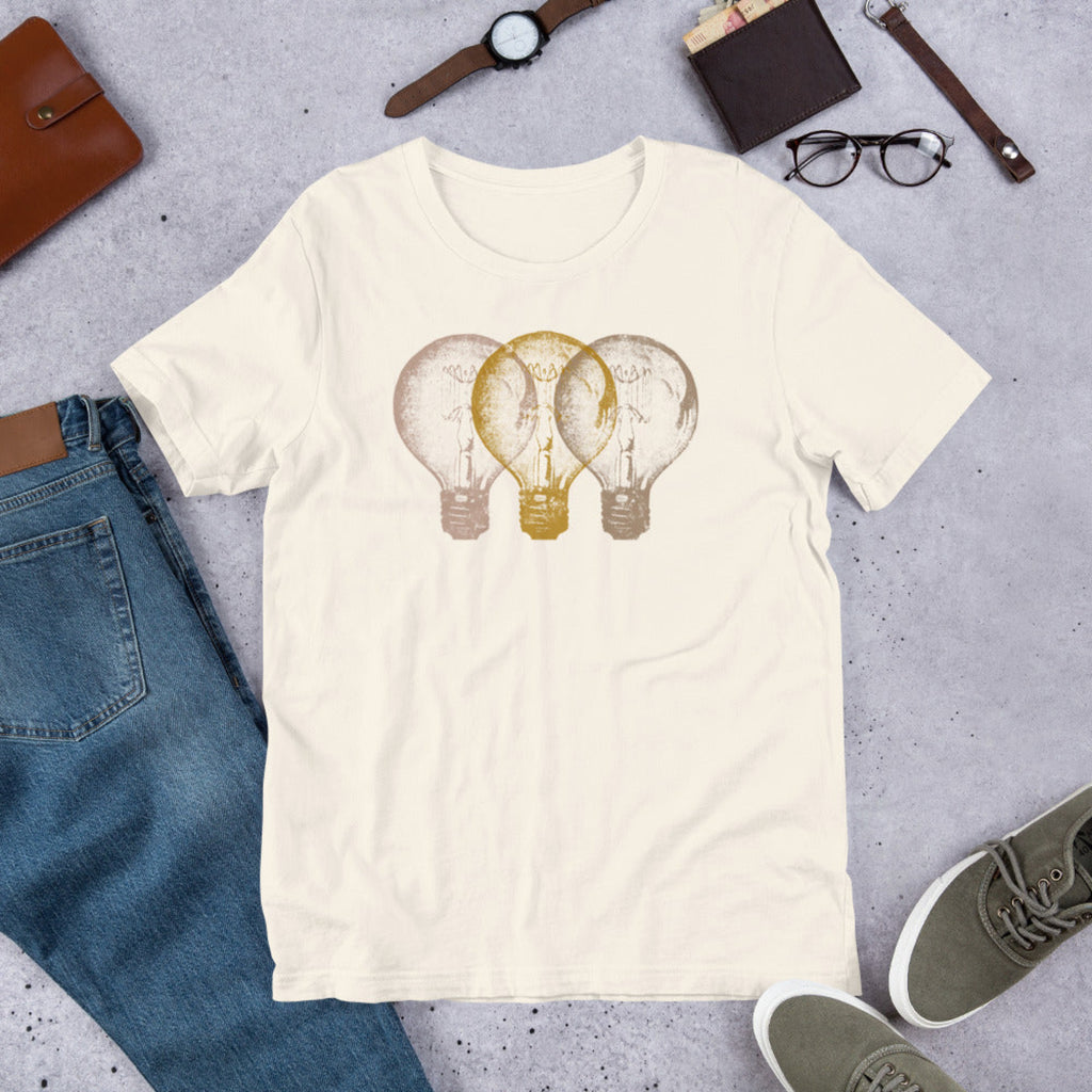Vintage Edison light bulb graphic t-shirt, unisex fit.