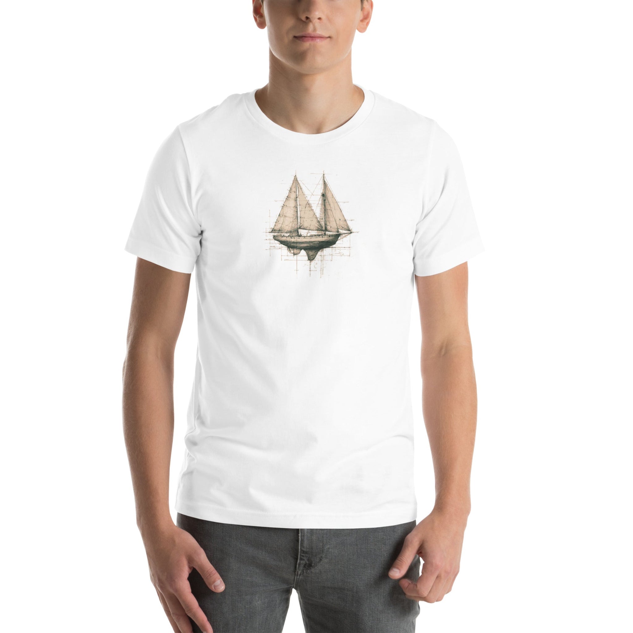 Man wearing a white t-shirt with Sail Boat Design on a white background.