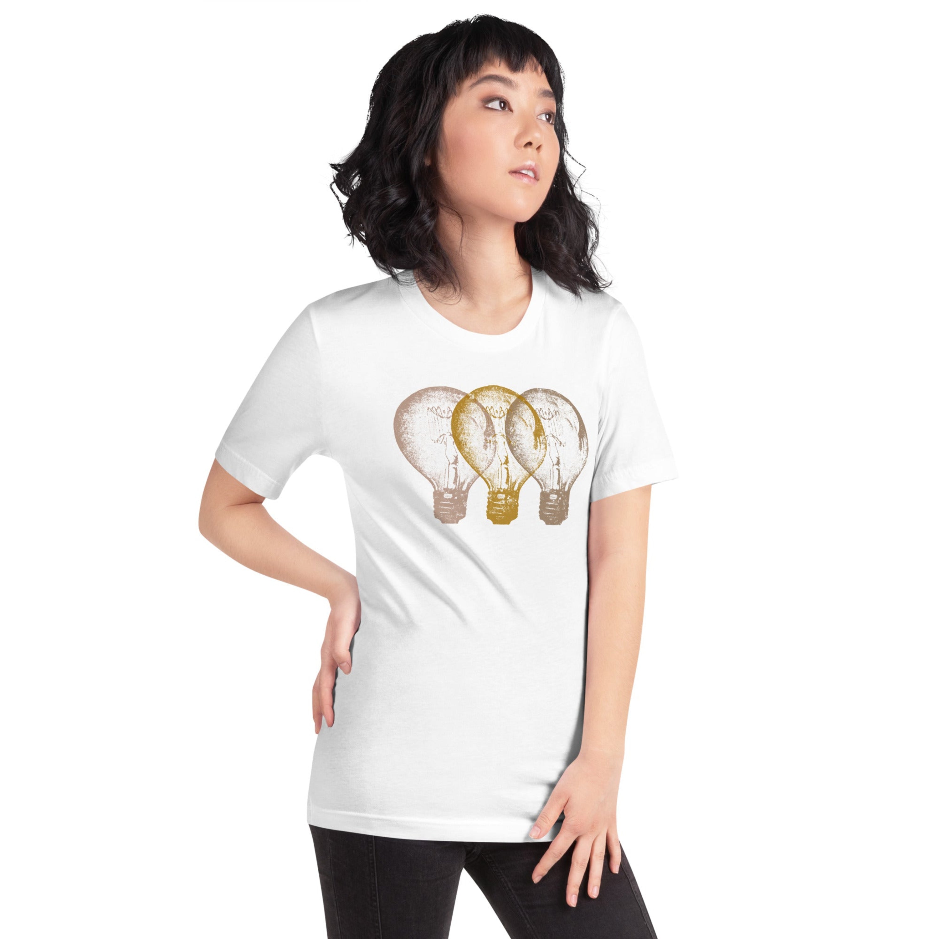 Person wearing a white t-shirt with light bulb design on a white background
