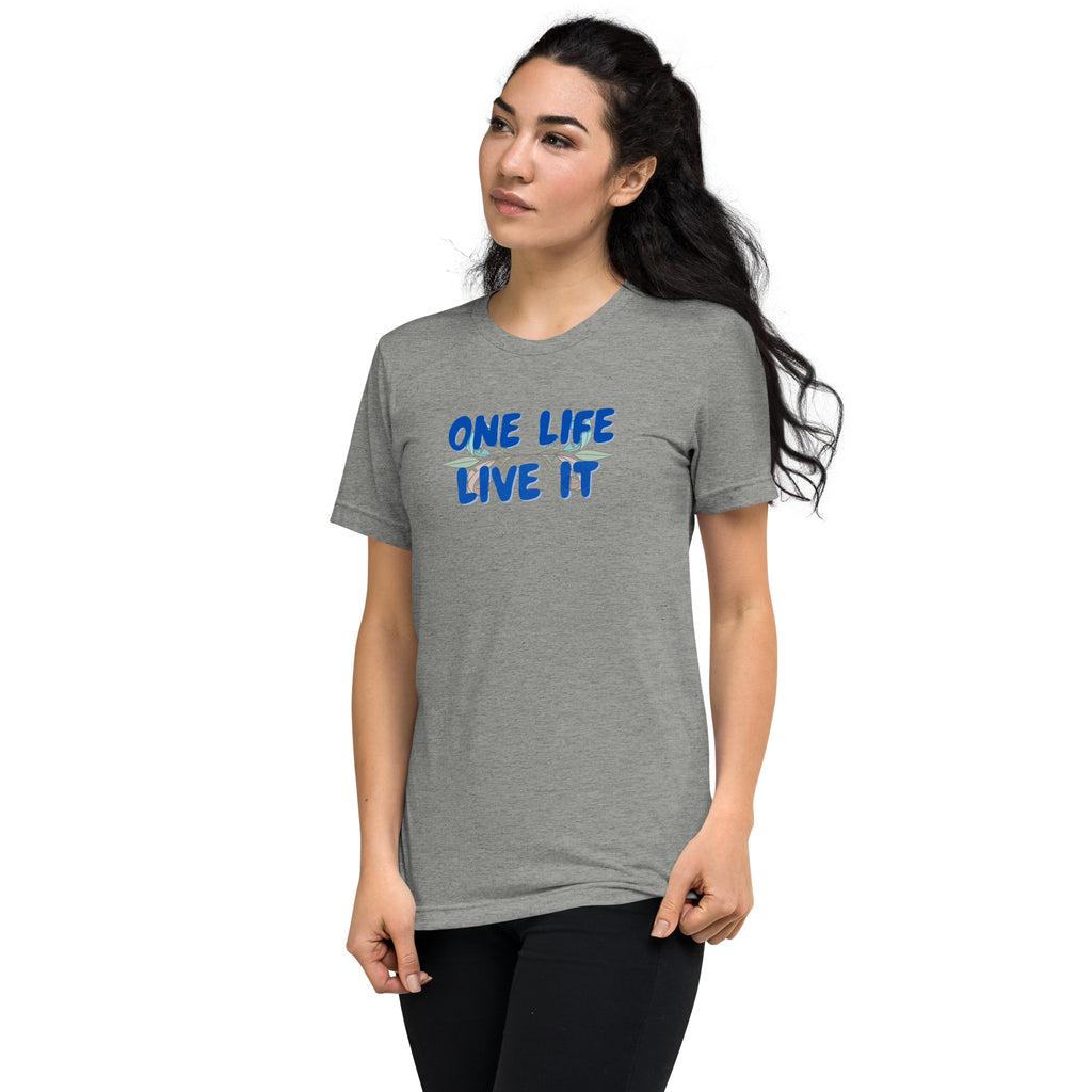 Woman wearing a gray t-shirt with 'ONE LIFE LIVE IT' text on a white background.