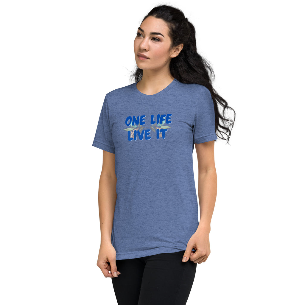 Woman wearing a blue t-shirt with 'ONE LIFE LIVE IT' text on a white background.