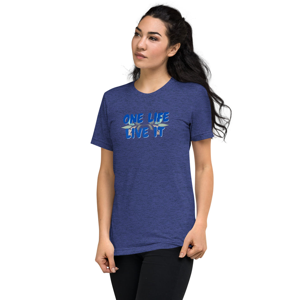Woman wearing a blue t-shirt with 'One life live it' text on a white background. 