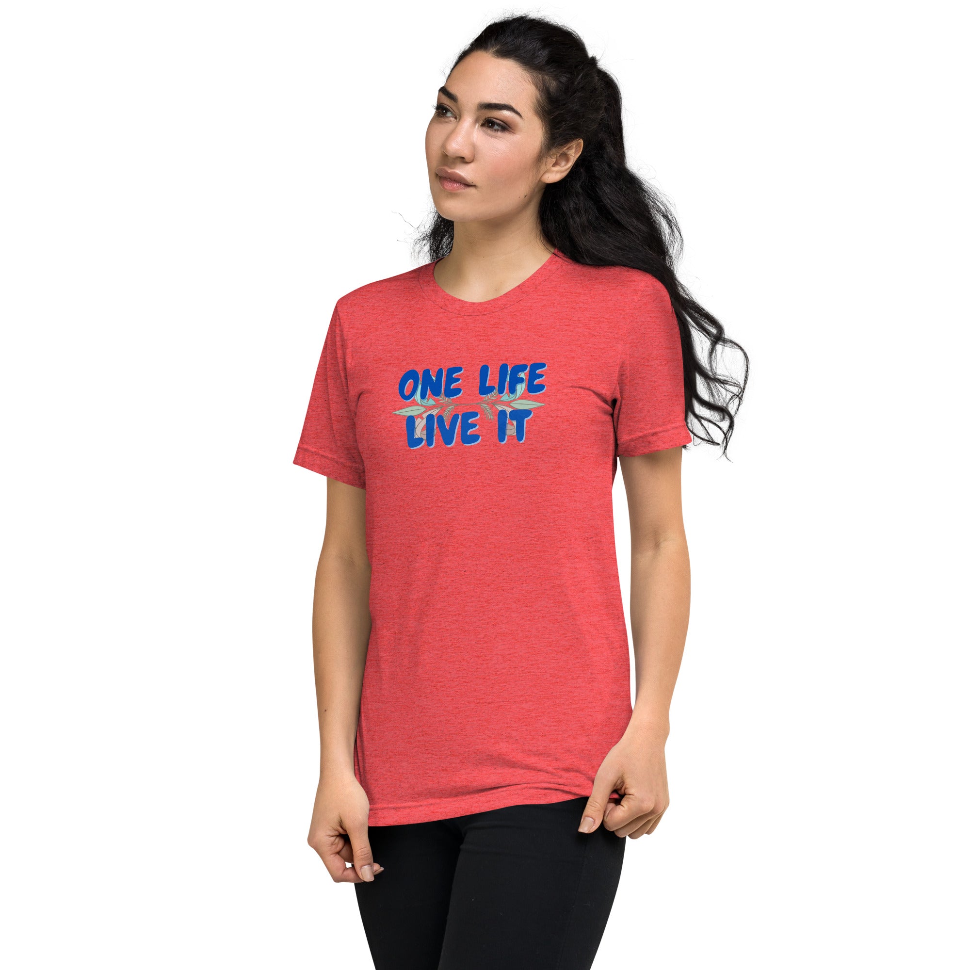 Woman wearing a red t-shirt with 'ONE LIFE LIVE IT' text on a white background.
