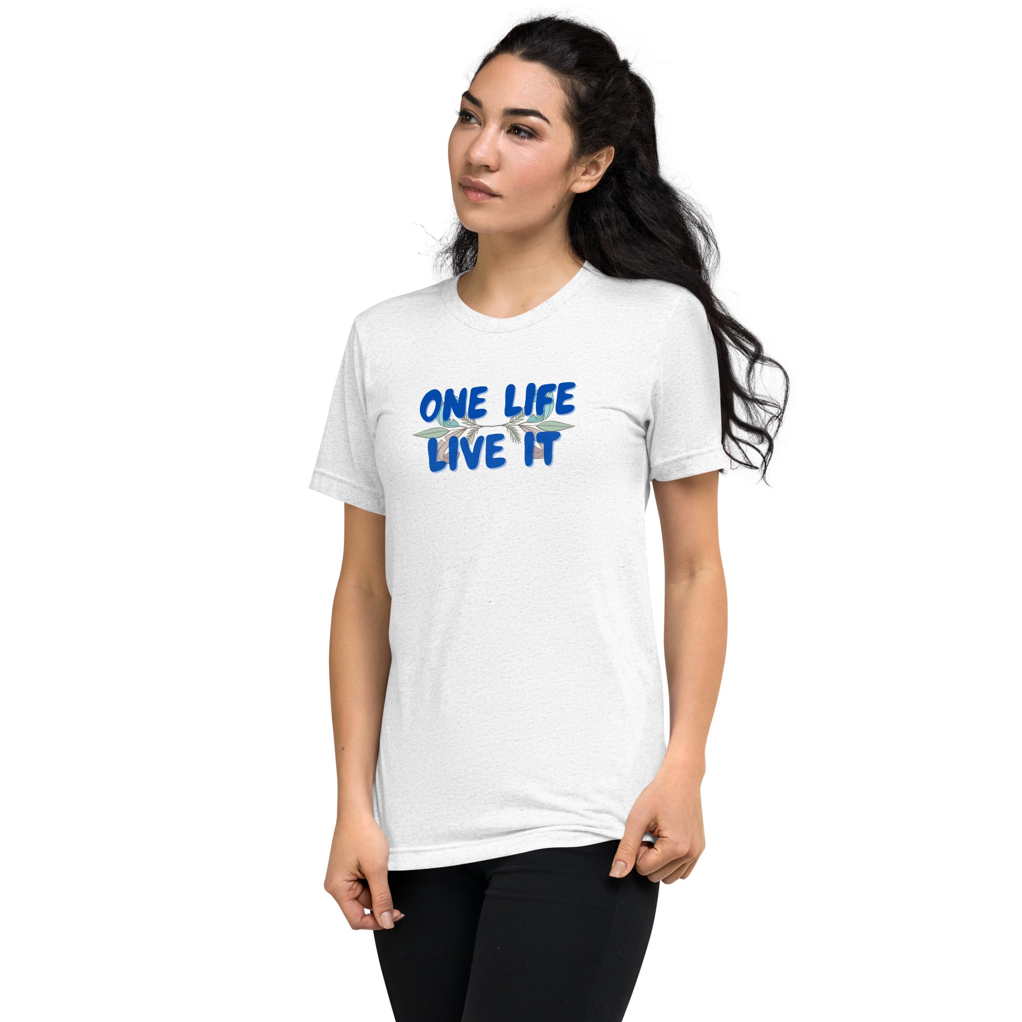 Woman wearing a white t-shirt with 'ONE LIFE LIVE IT' text on a white background.