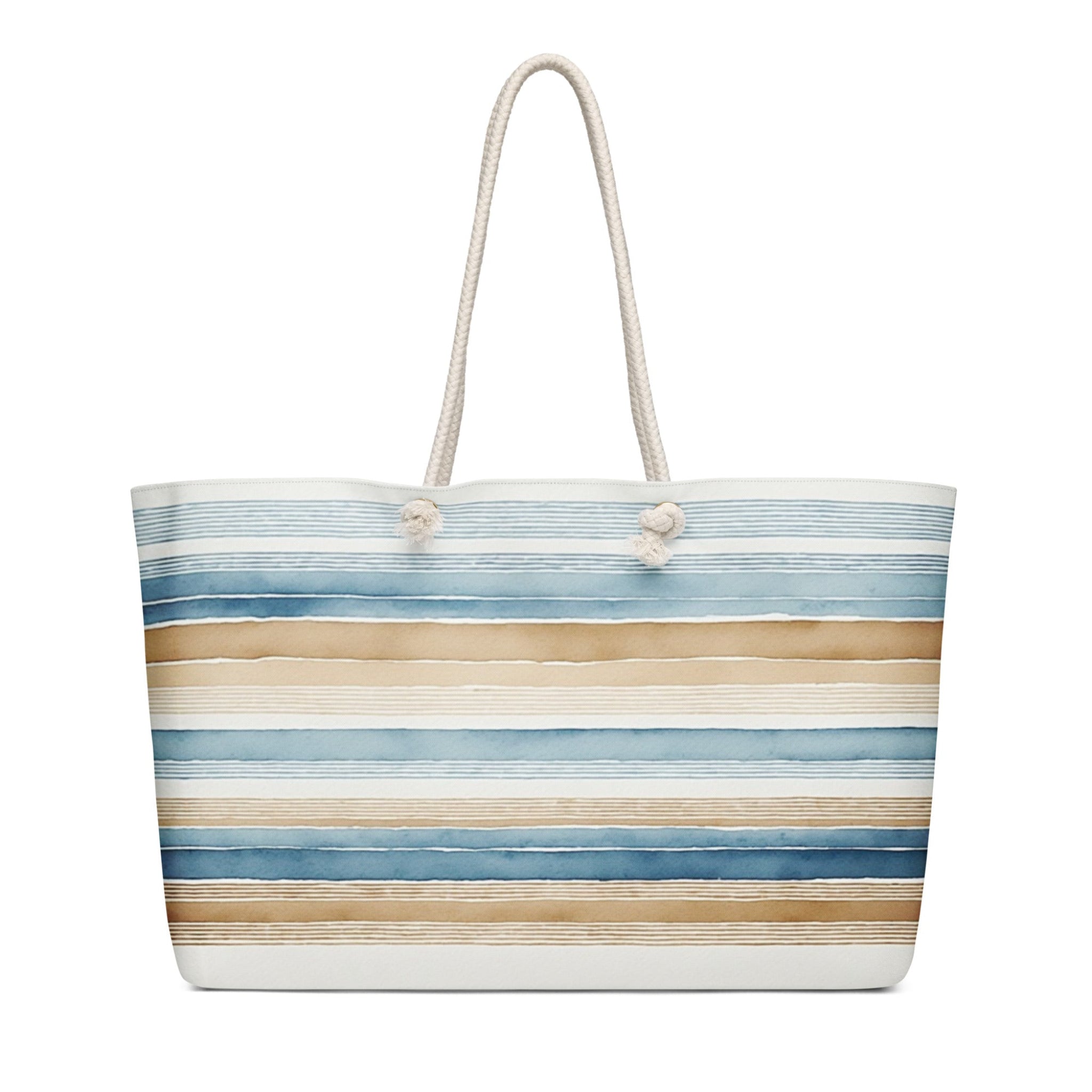 Striped beach bag with blue and beige pattern on a white background