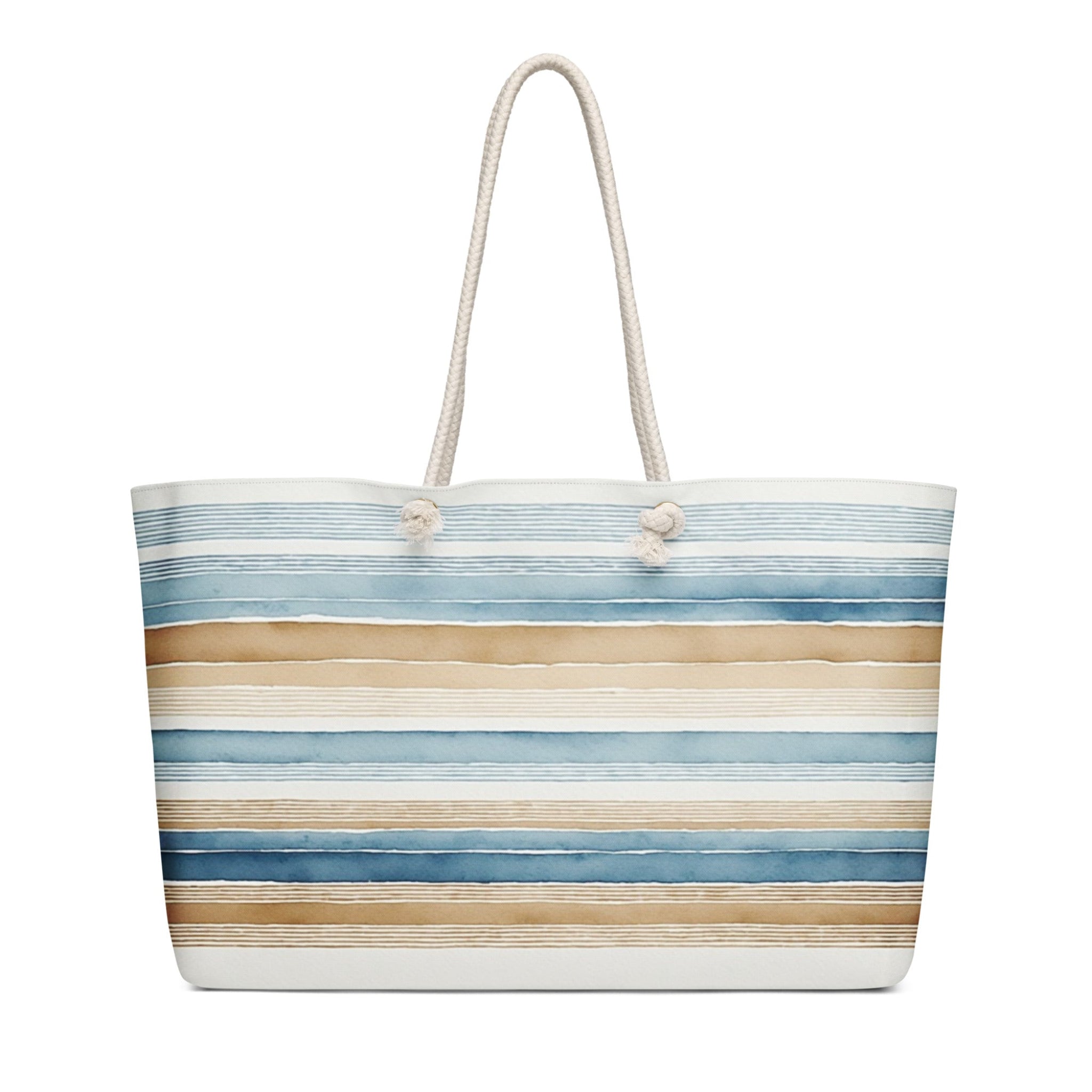 Striped beach bag with blue and beige pattern on a white background