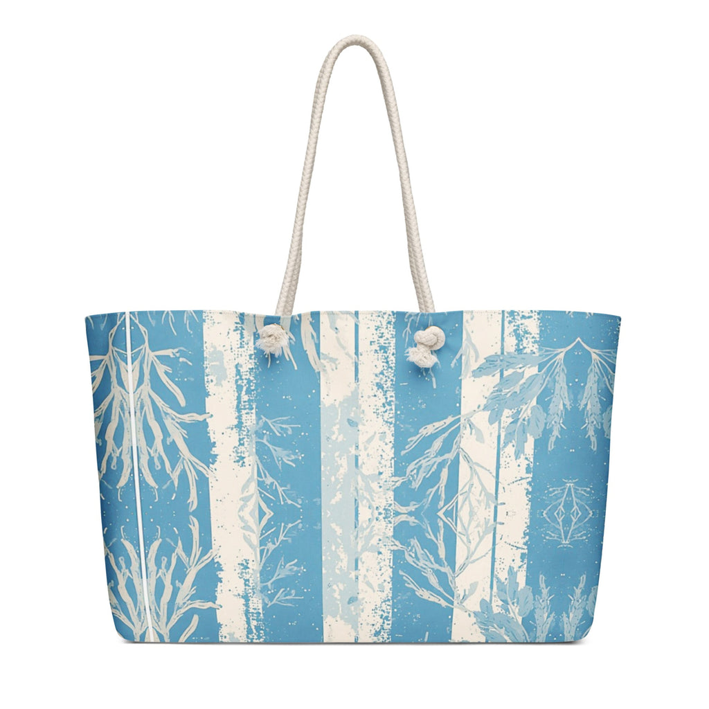 Oversized weekender bag featuring an all-over blue botanical coral print design with thick cream cotton rope handles.