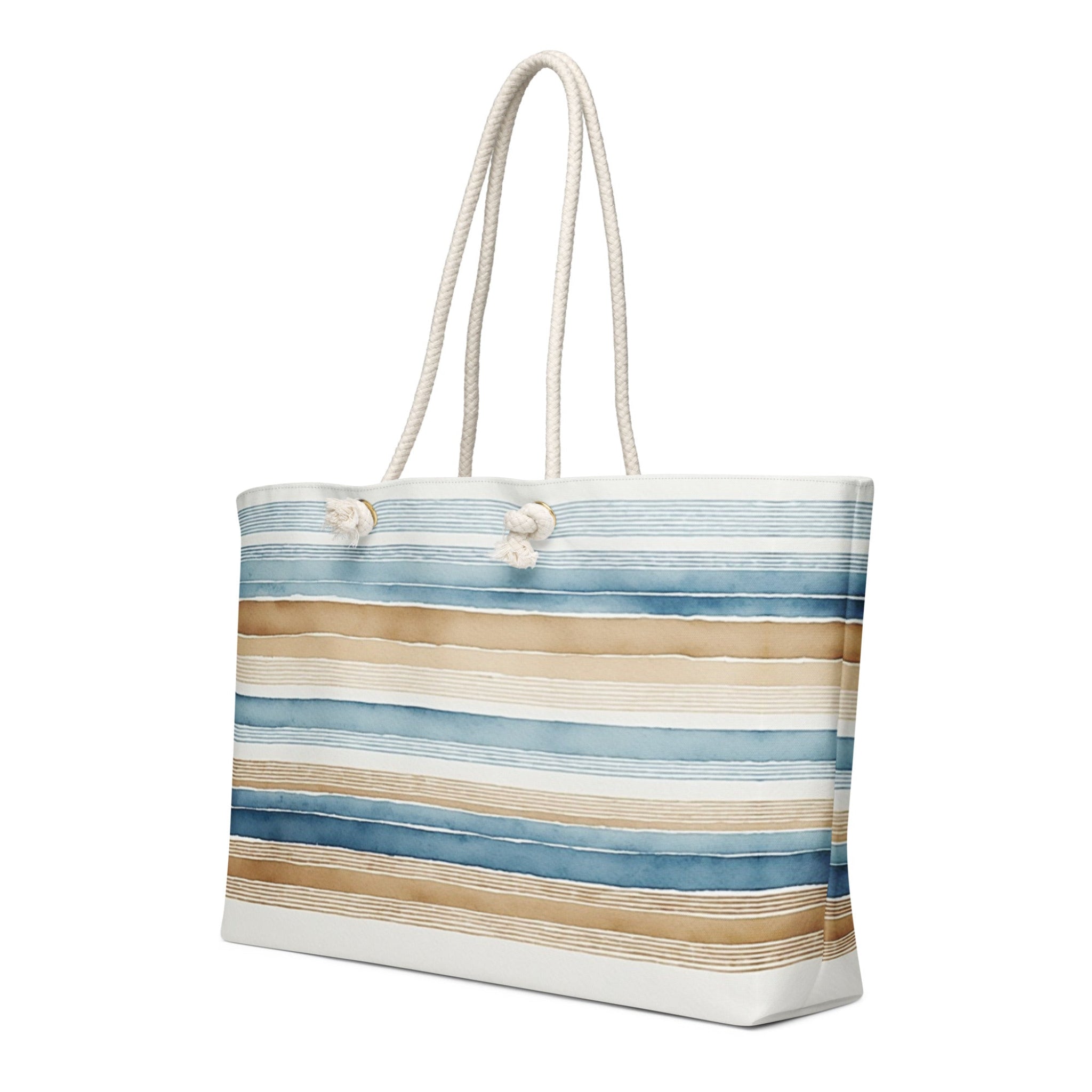 Striped tote bag with blue and beige pattern on a white background