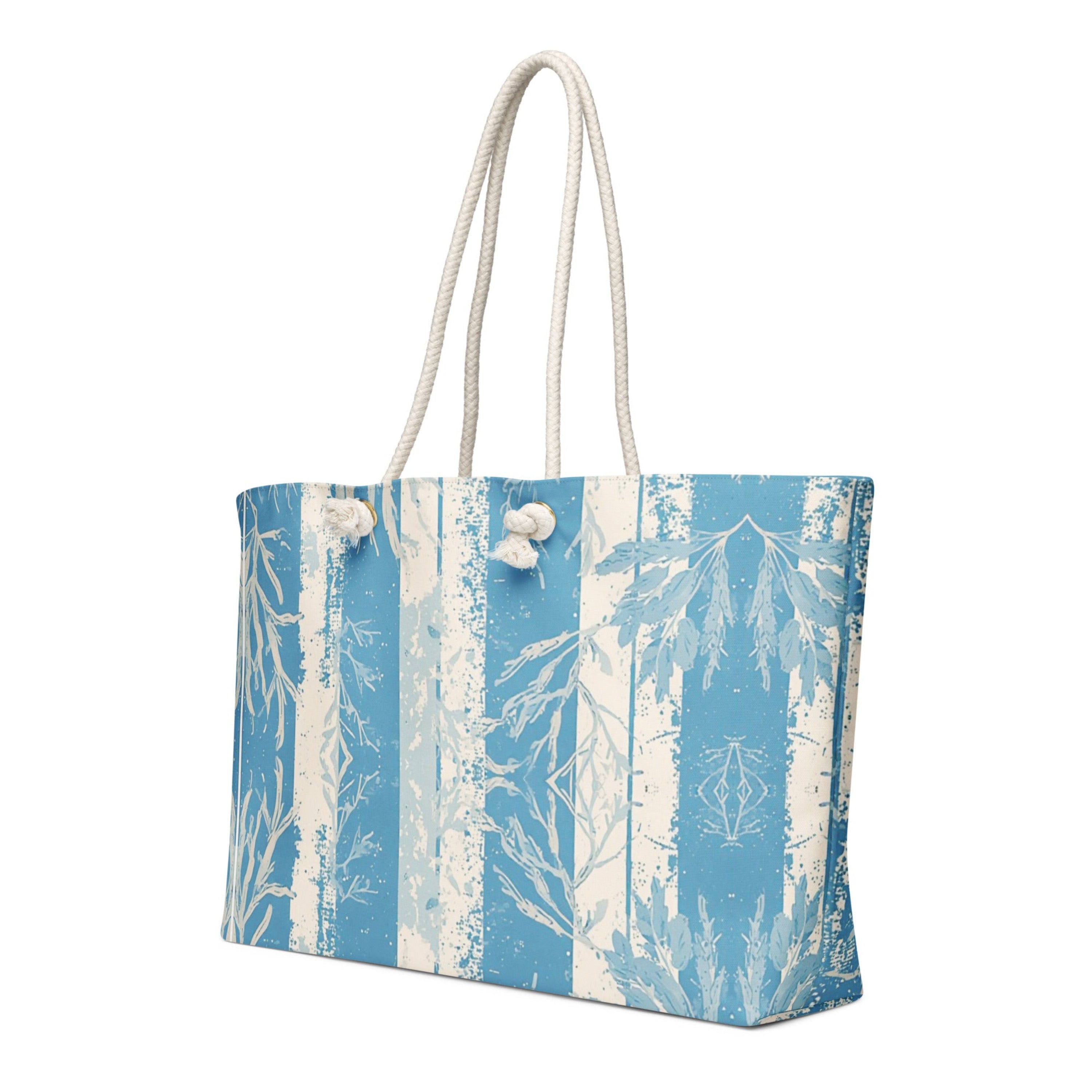Tote bag with a blue and white nature-themed design on a white background.